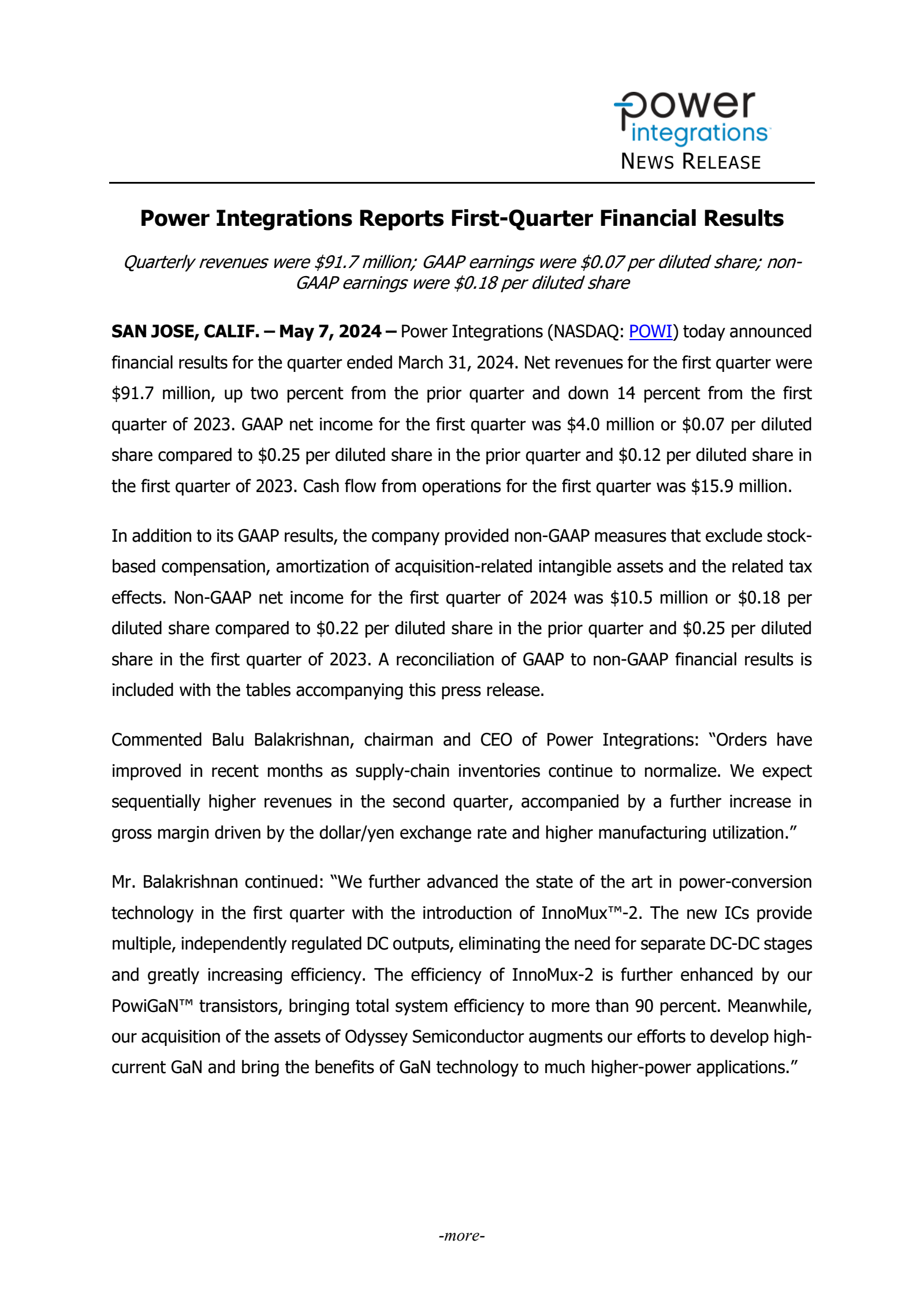 Power Integrations' Q1 2024 Press Release