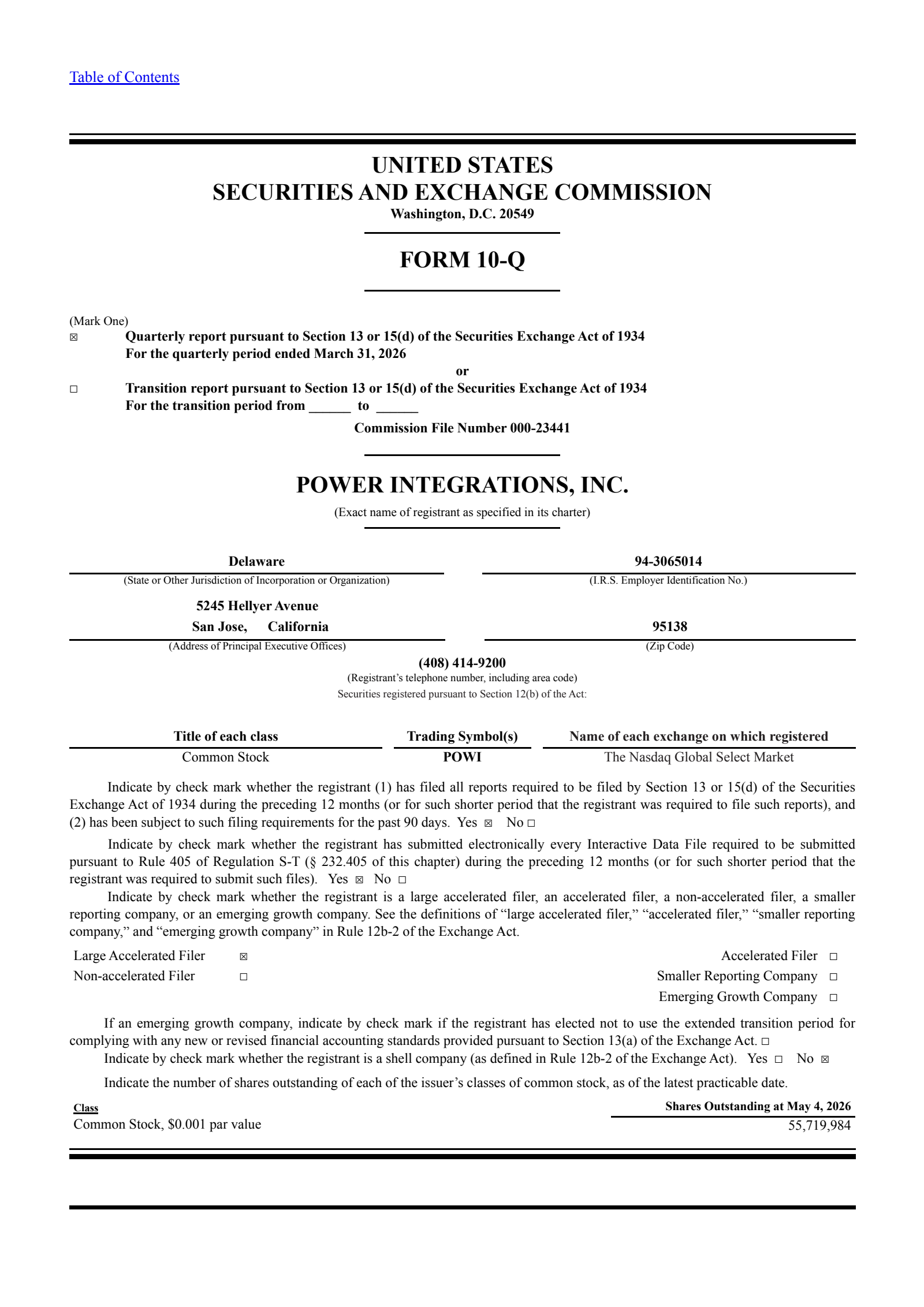 Power Integrations' Q1 2026 Quarterly report