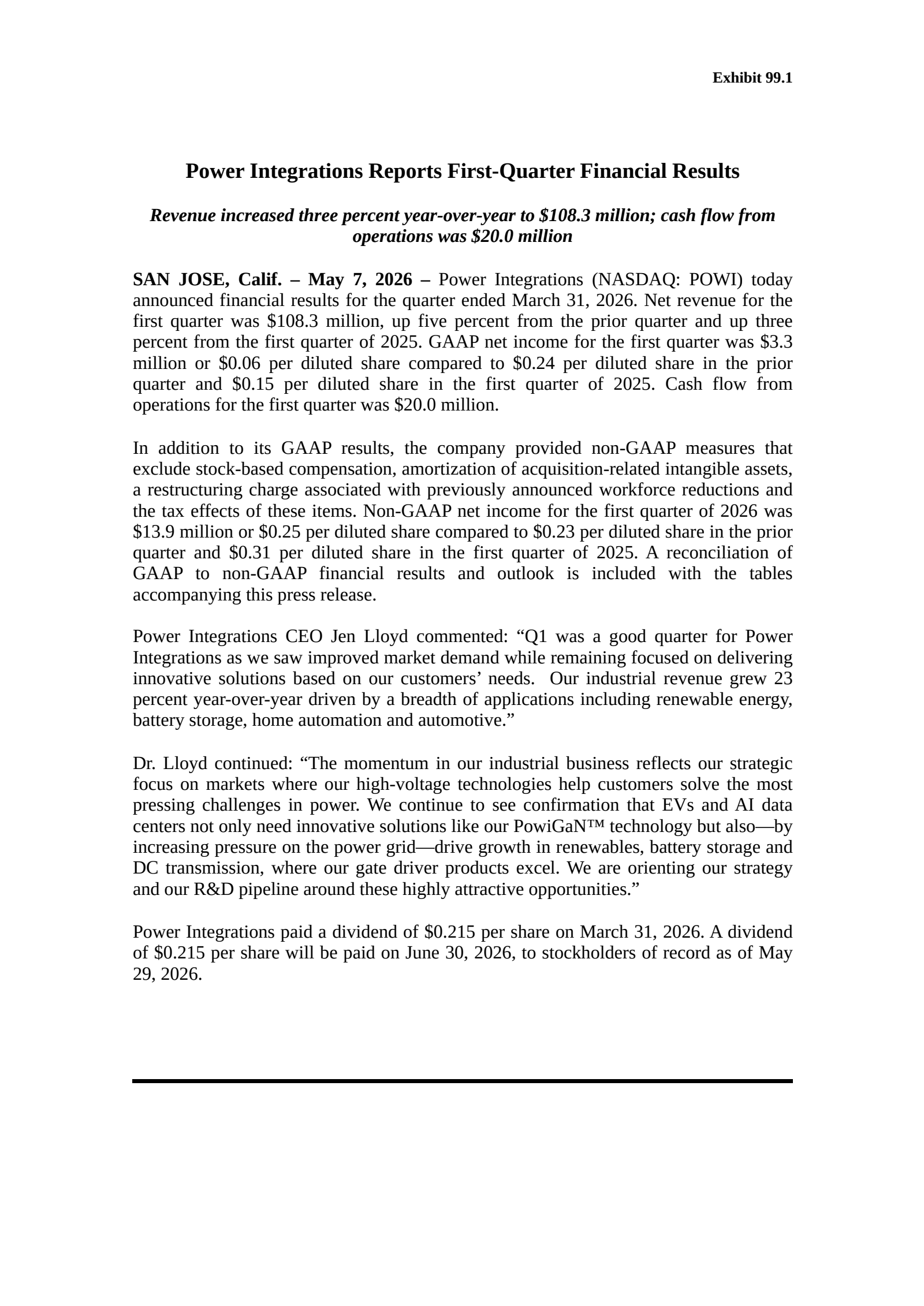 Power Integrations' Q1 2026 Press Release