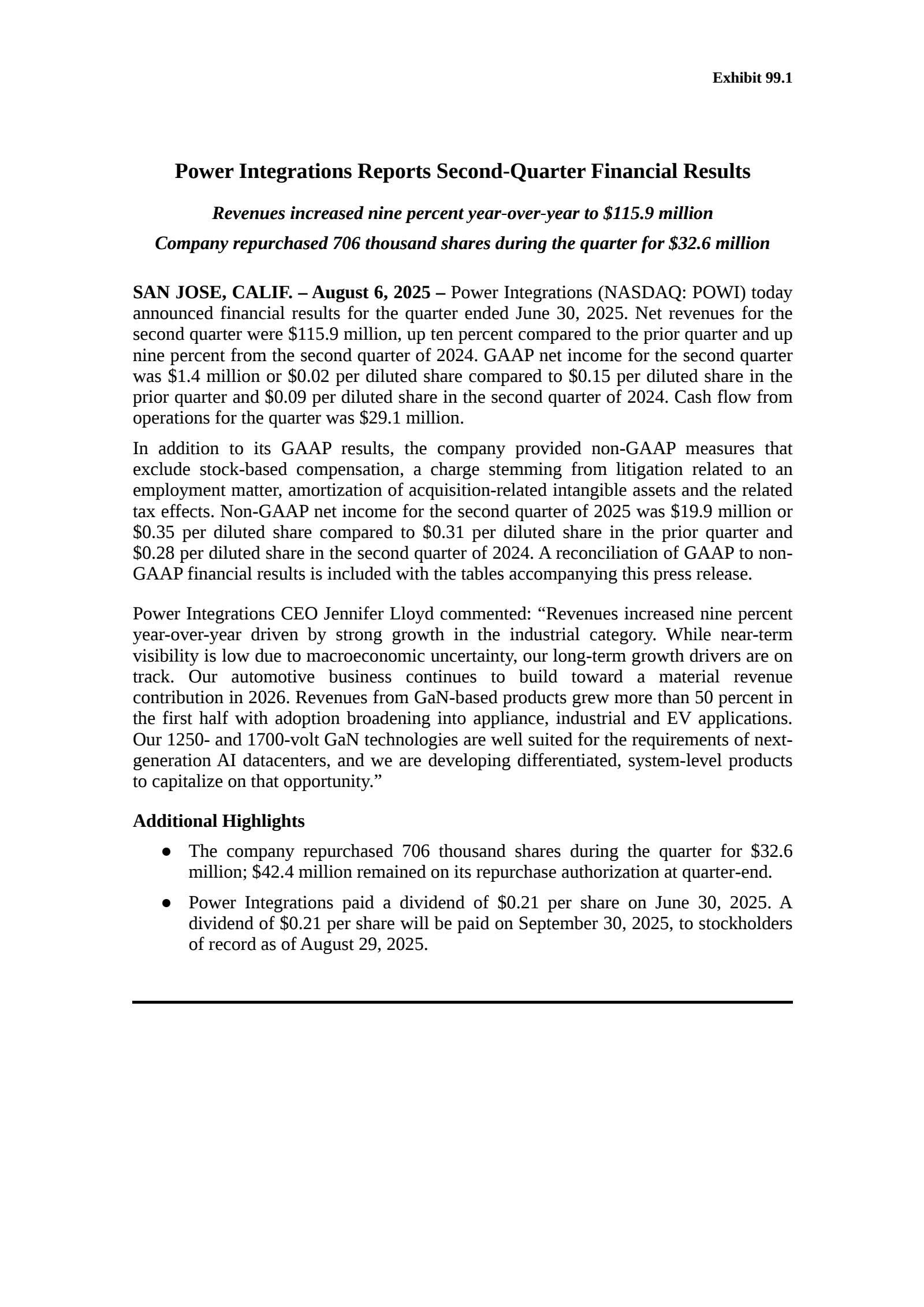 Power Integrations' Q2 2025 Press Release