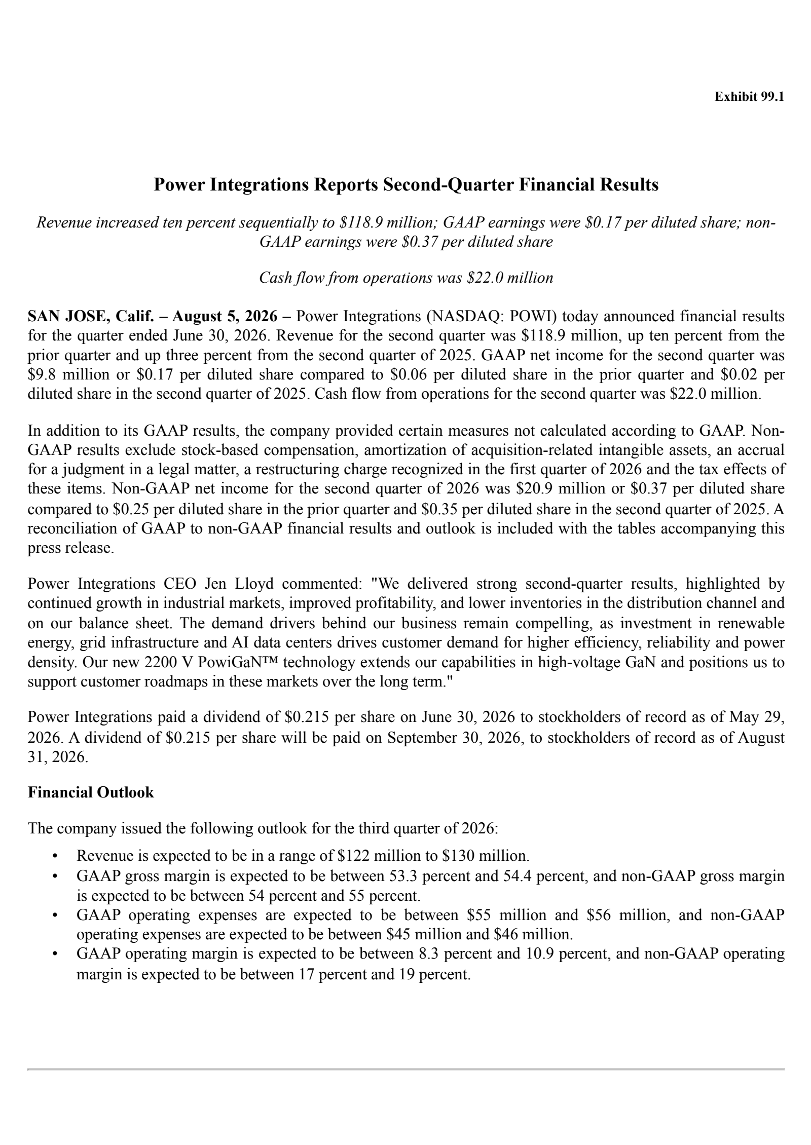 Power Integrations' Q2 2026 Press Release