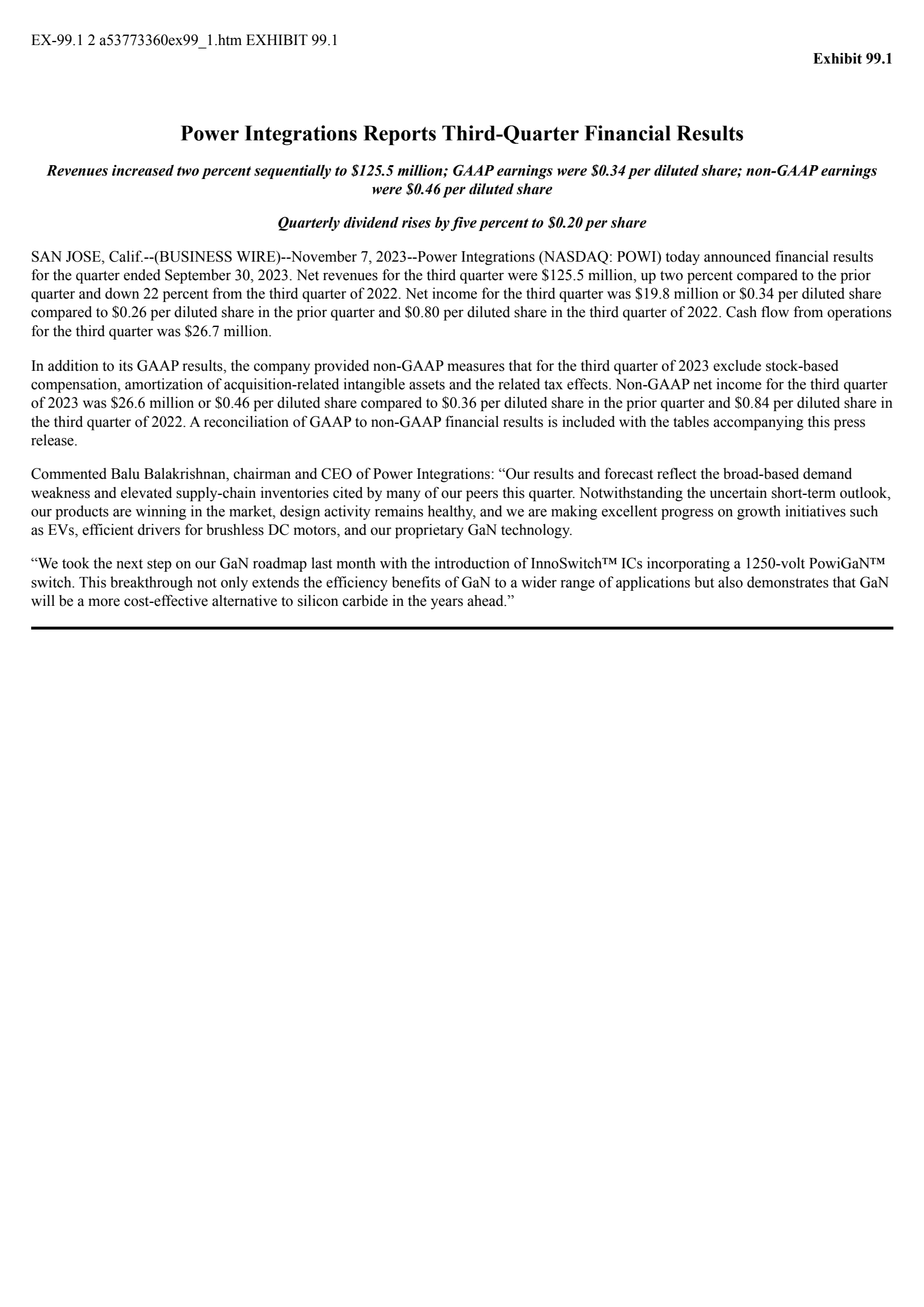 Power Integrations' Q3 2023 Press Release
