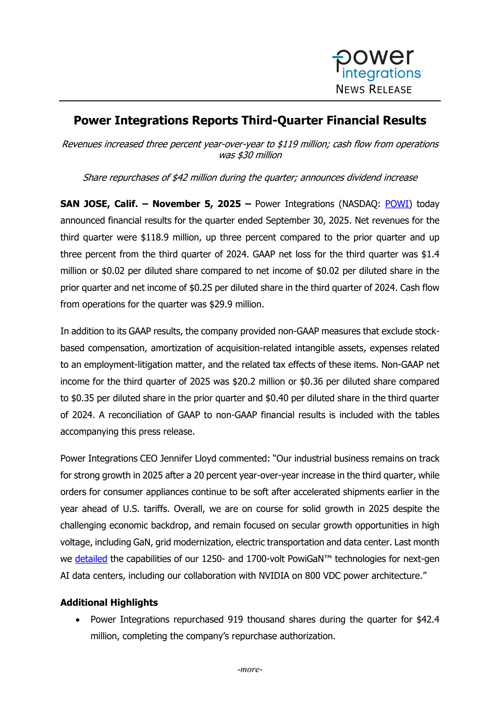 Power Integrations' Q3 2025 Earnings Release