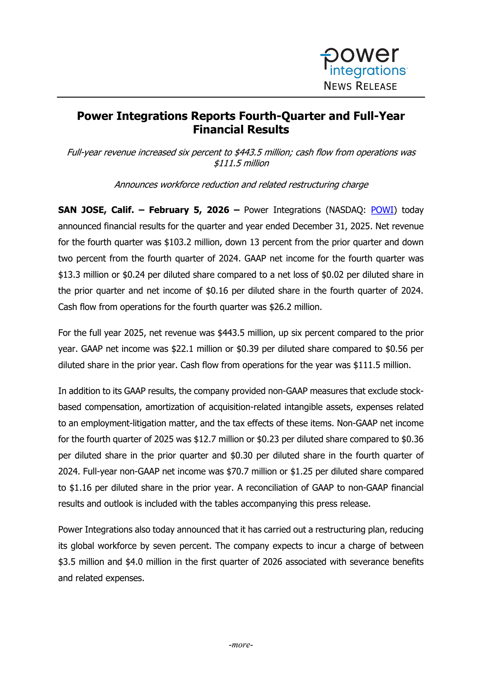 Power Integrations' Q4 2025 Press Release