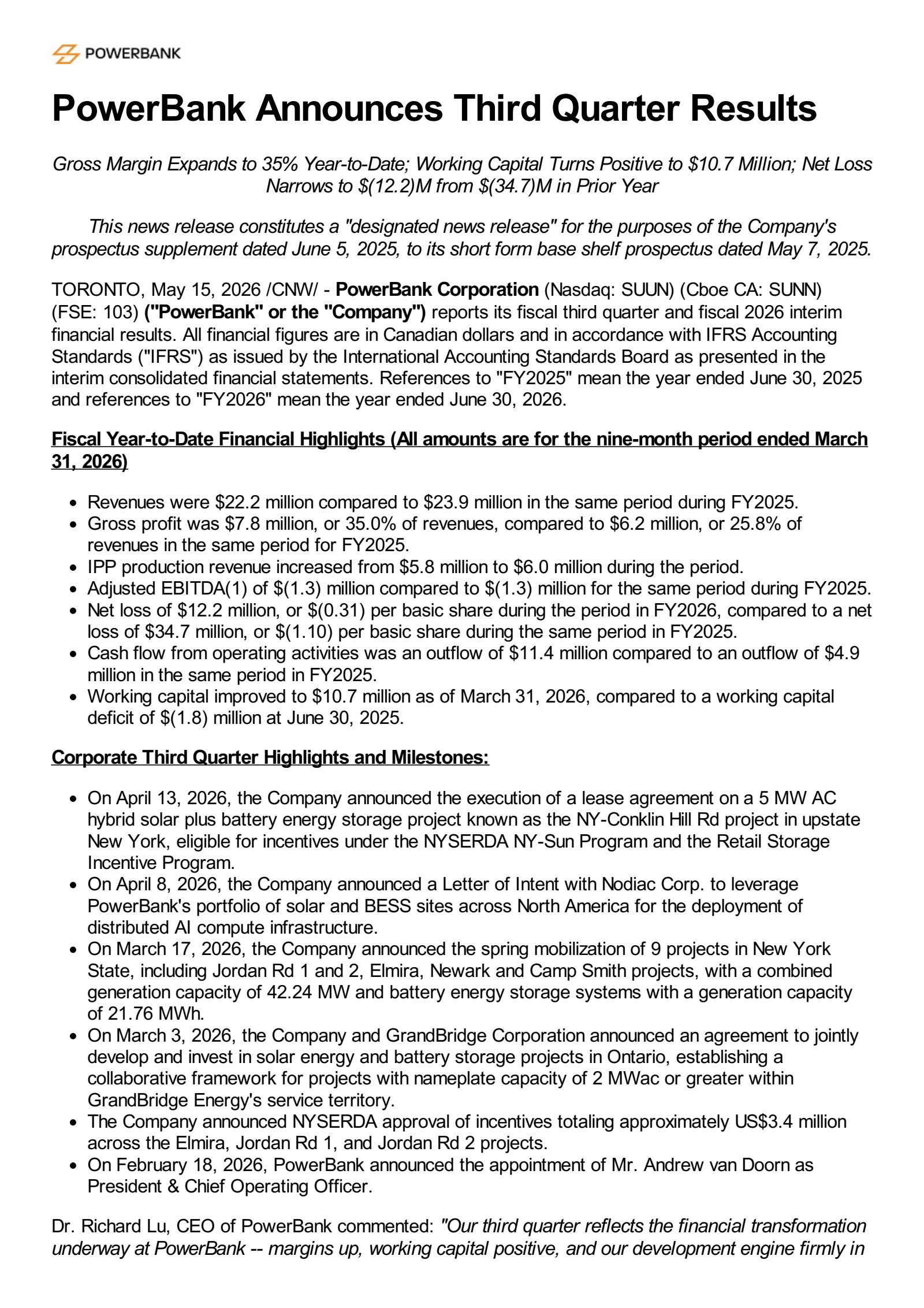 PowerBank's Q3 2026 Press Release