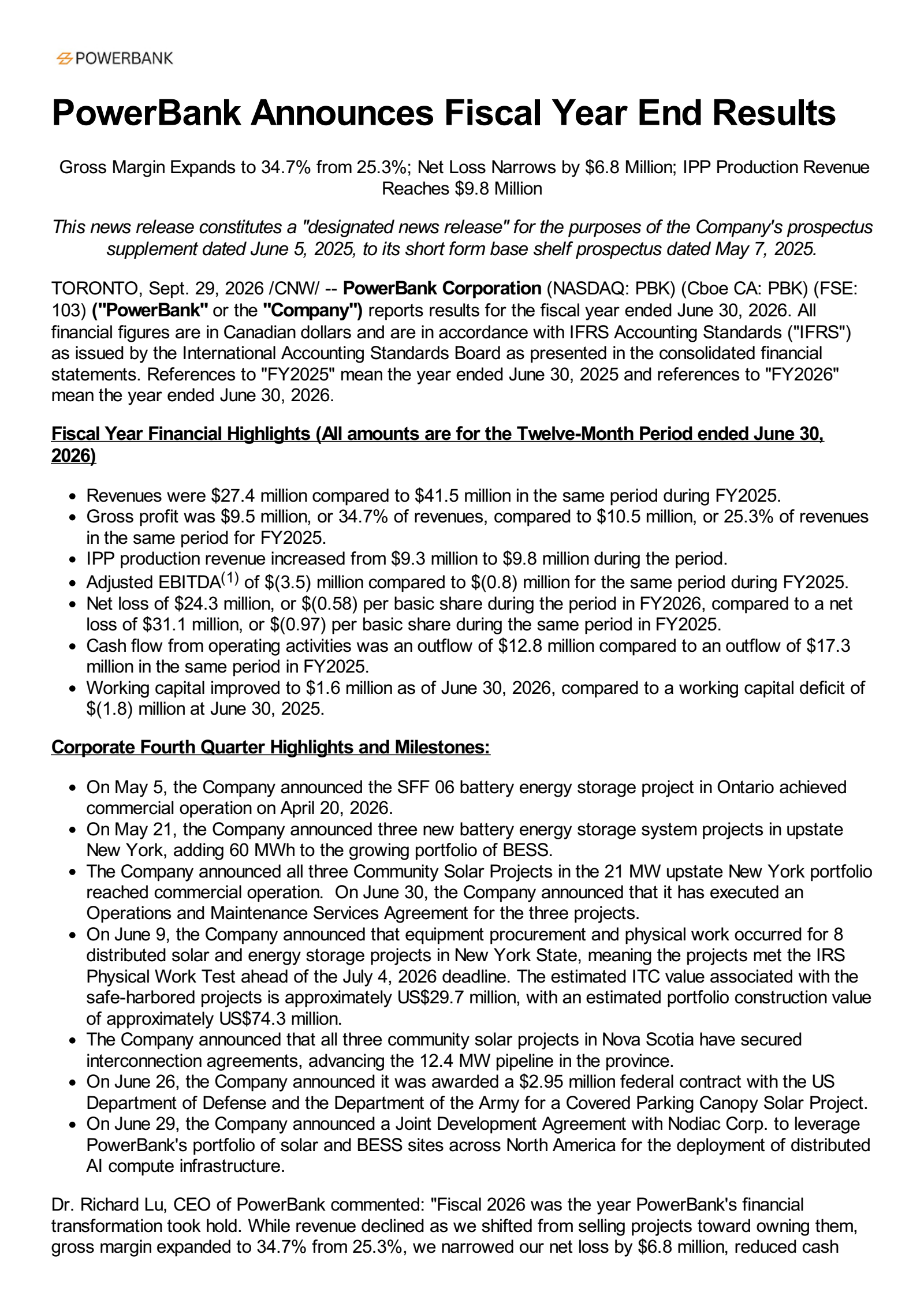 PowerBank's Q4 2026 Press Release