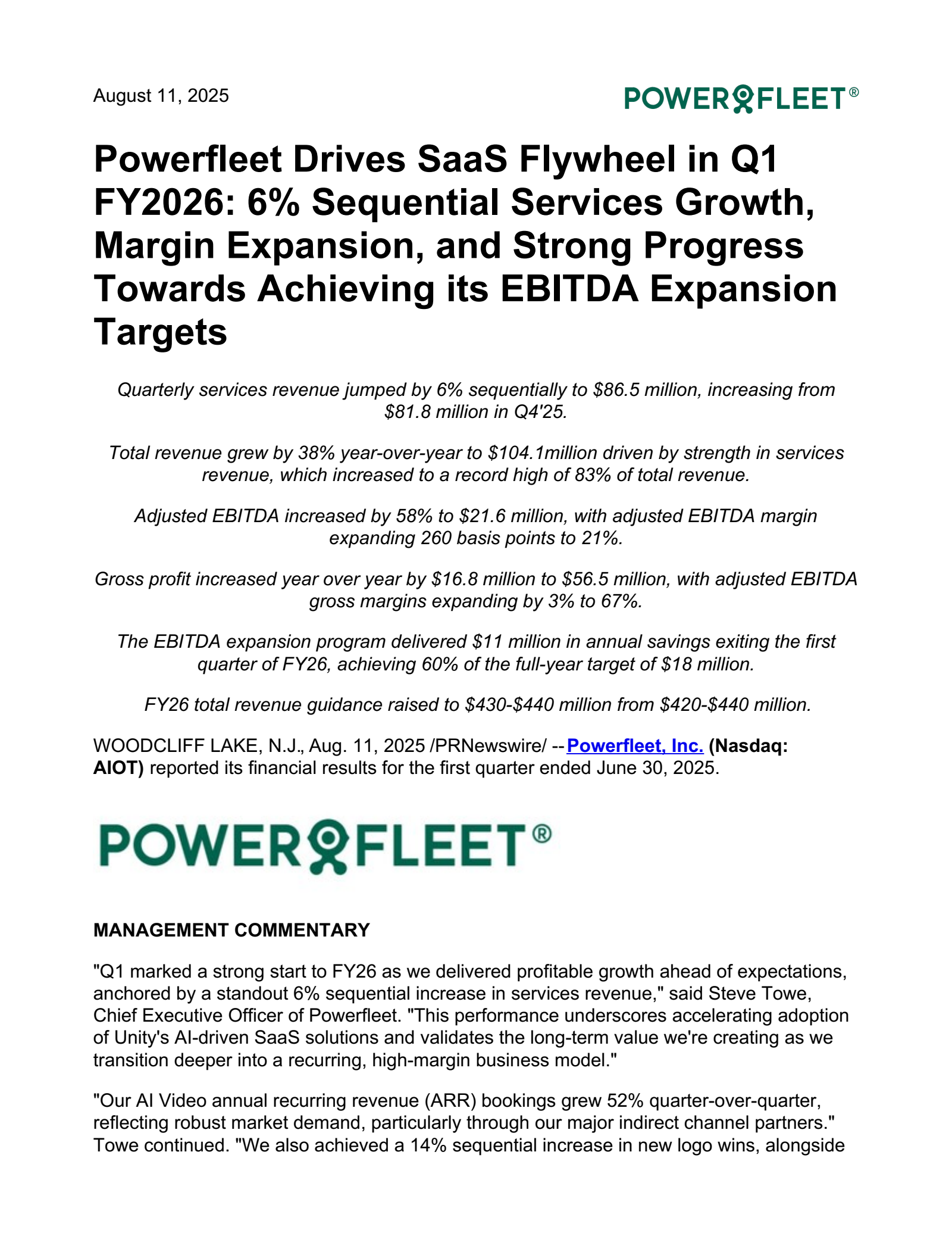 PowerFleet's Q1 2025 Press Release