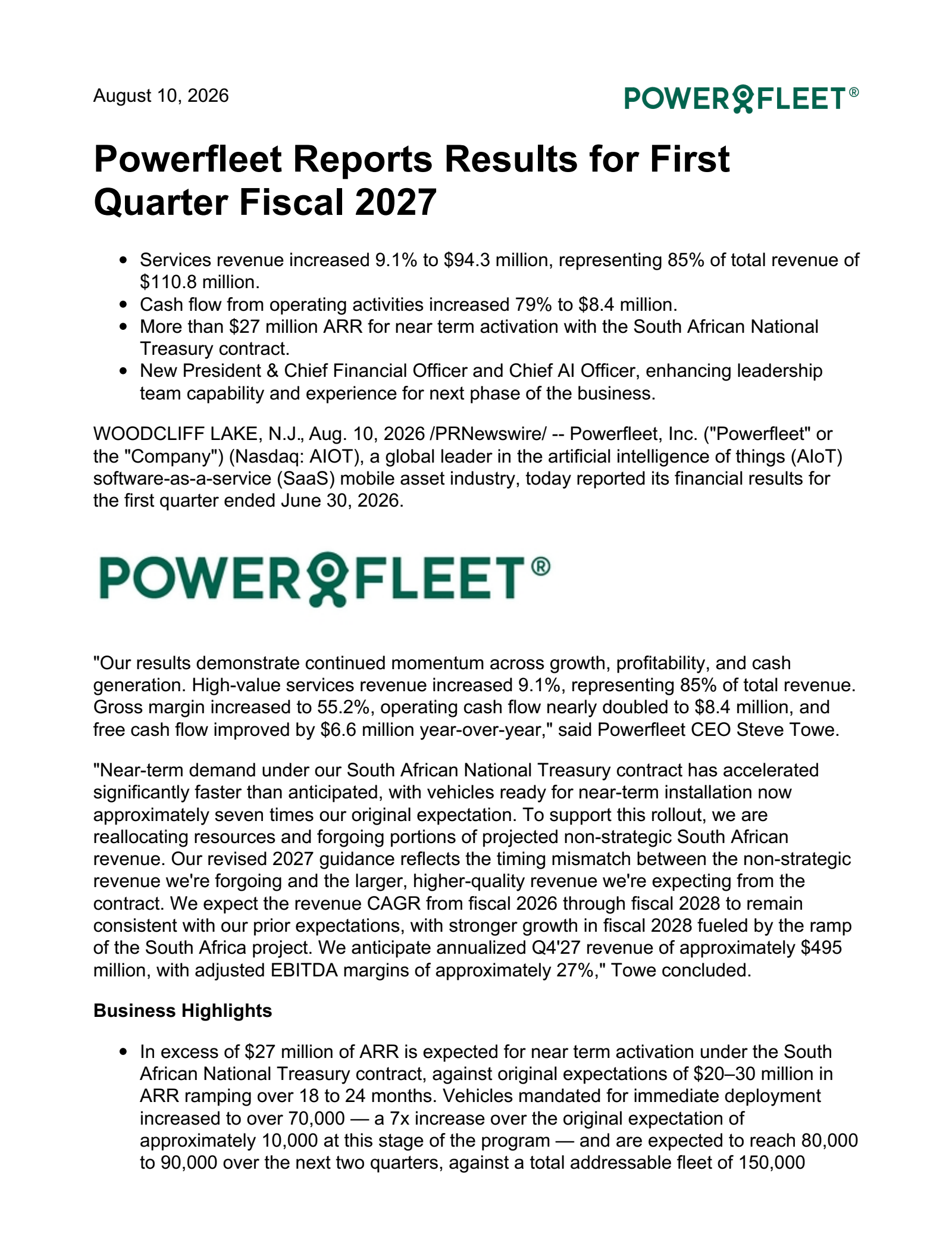 PowerFleet's Q1 2027 Press Release