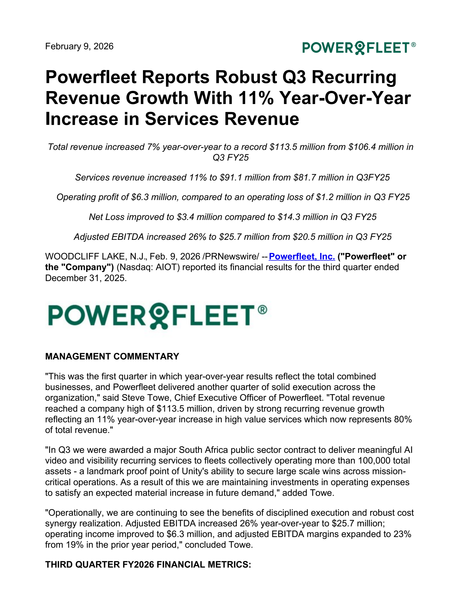 PowerFleet's Q3 2026 Press Release