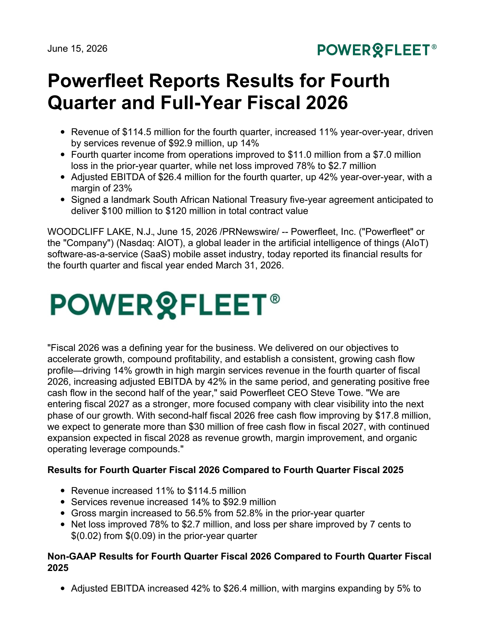 PowerFleet's Q4 2026 Press Release