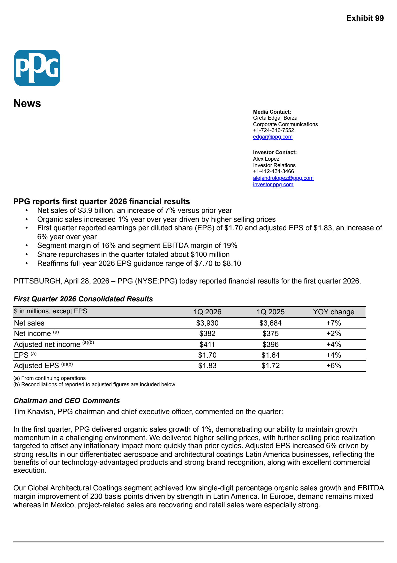 PPG Industries' Q1 2026 Press Release