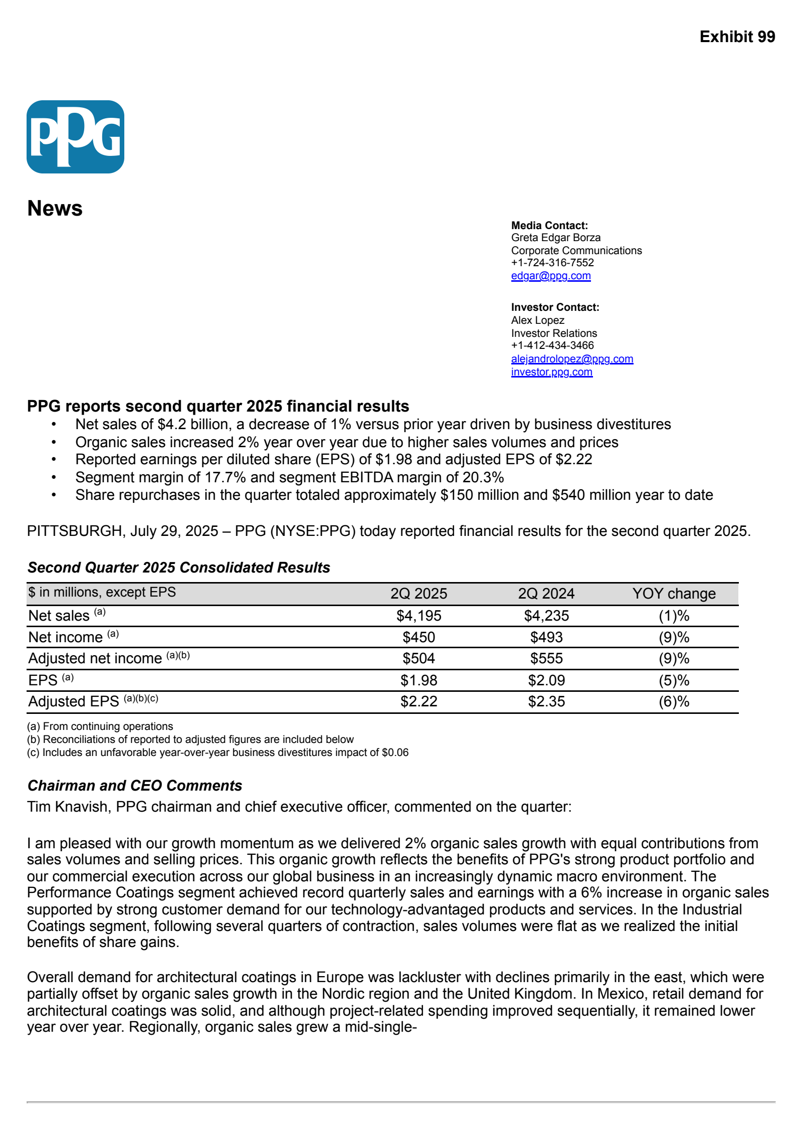 PPG Industries' Q2 2025 Press Release