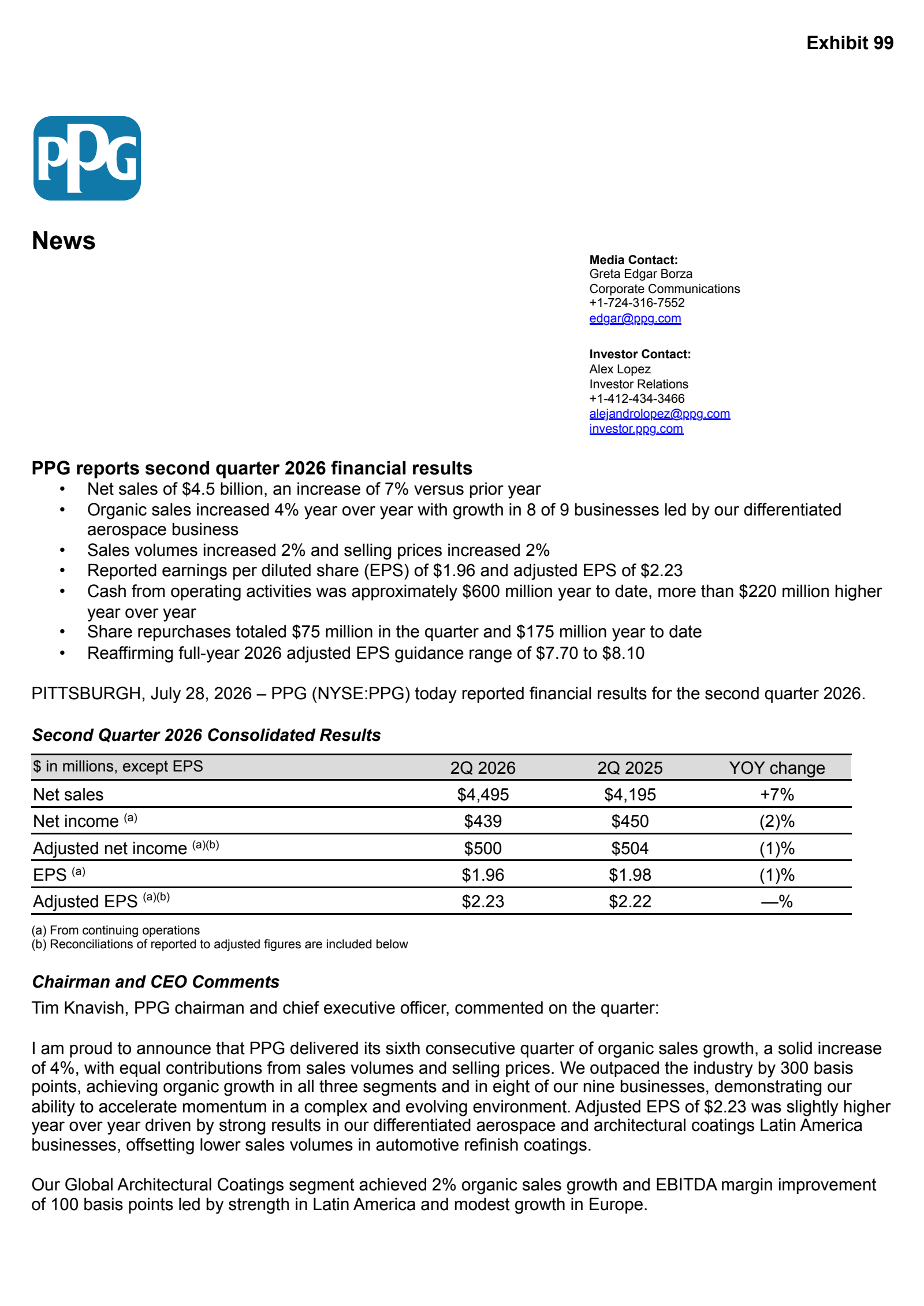 PPG Industries' Q2 2026 Press Release