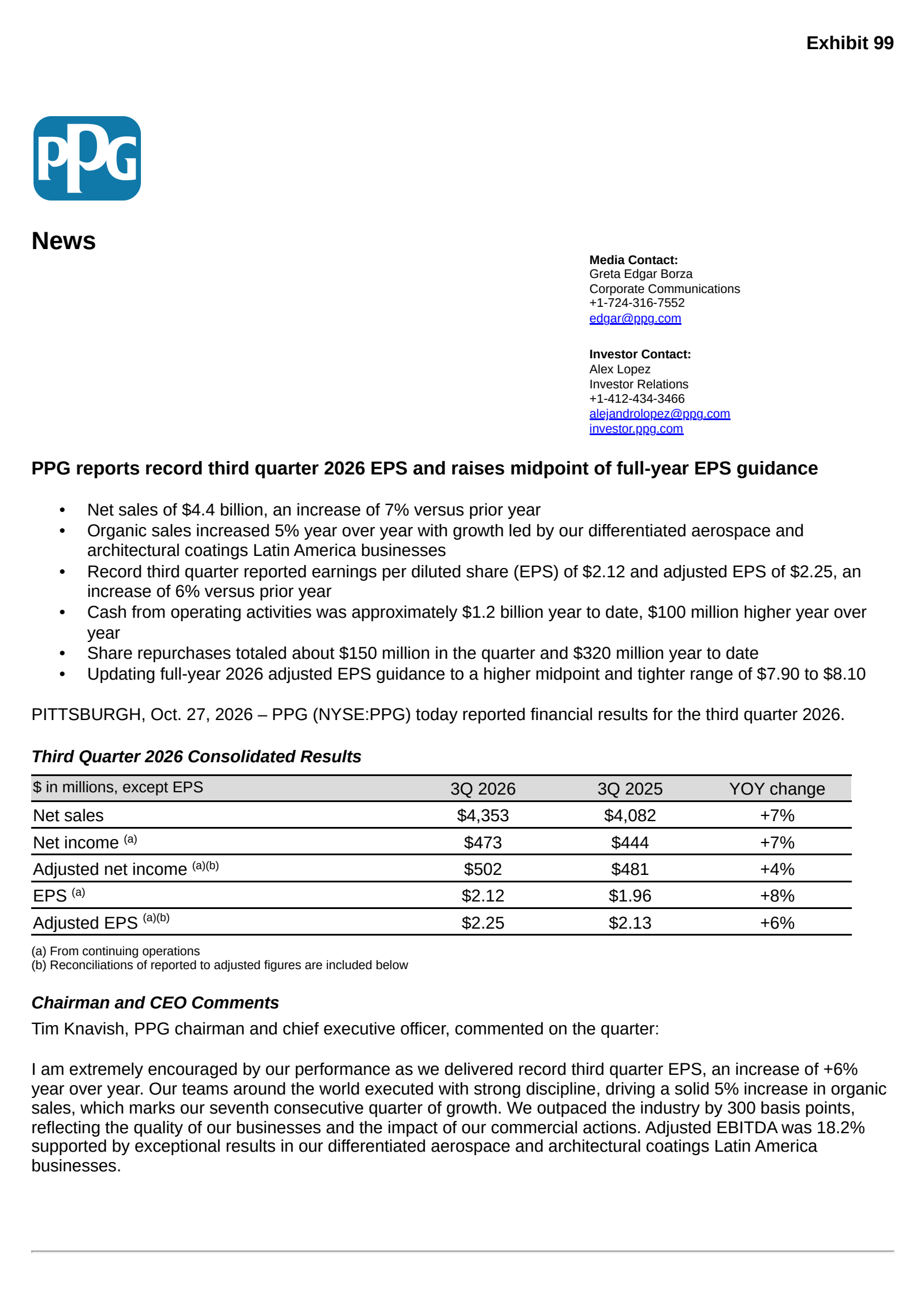 PPG Industries' Q3 2026 Press Release