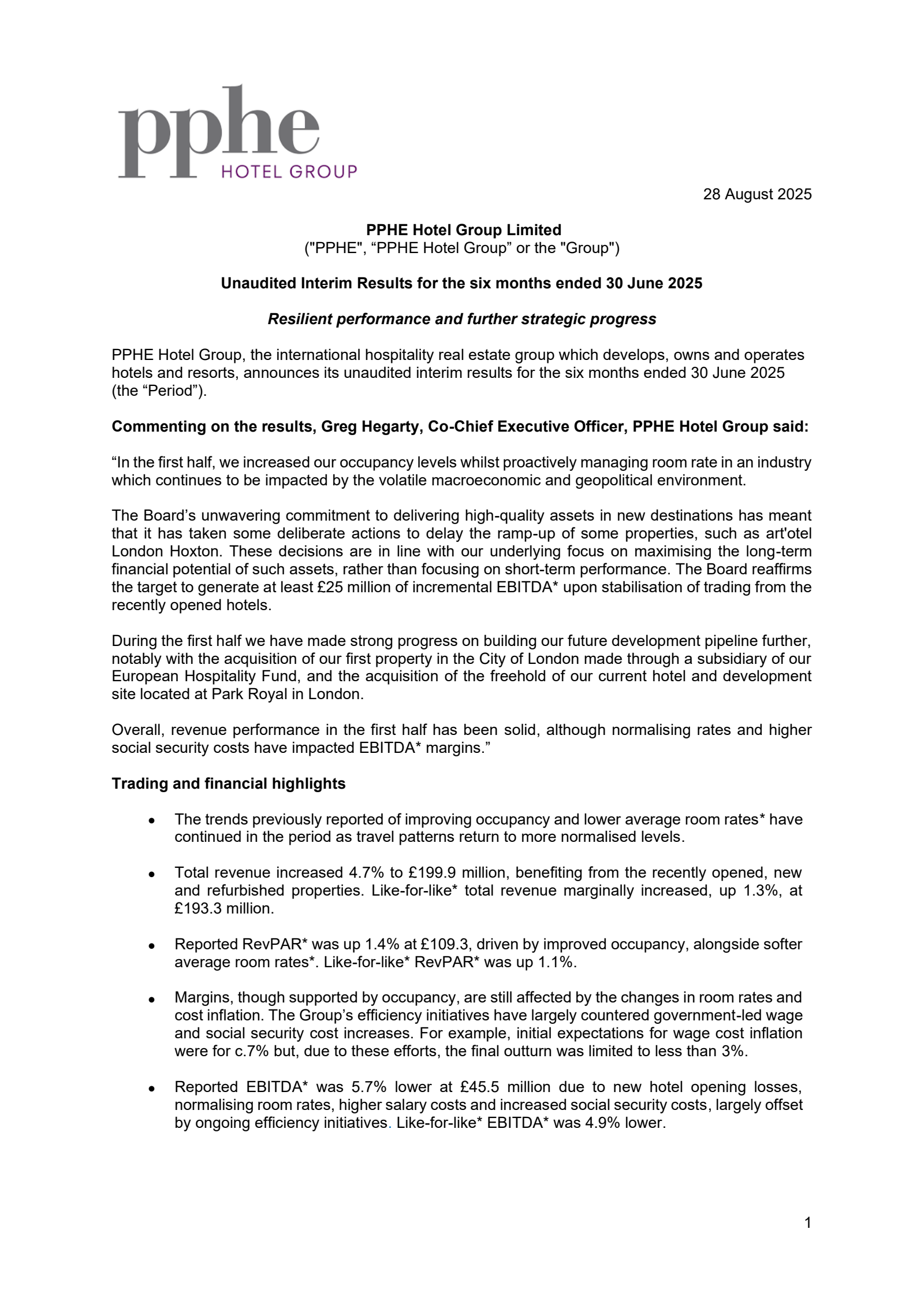 PPHE Hotel Group's H1 2025 Interim report