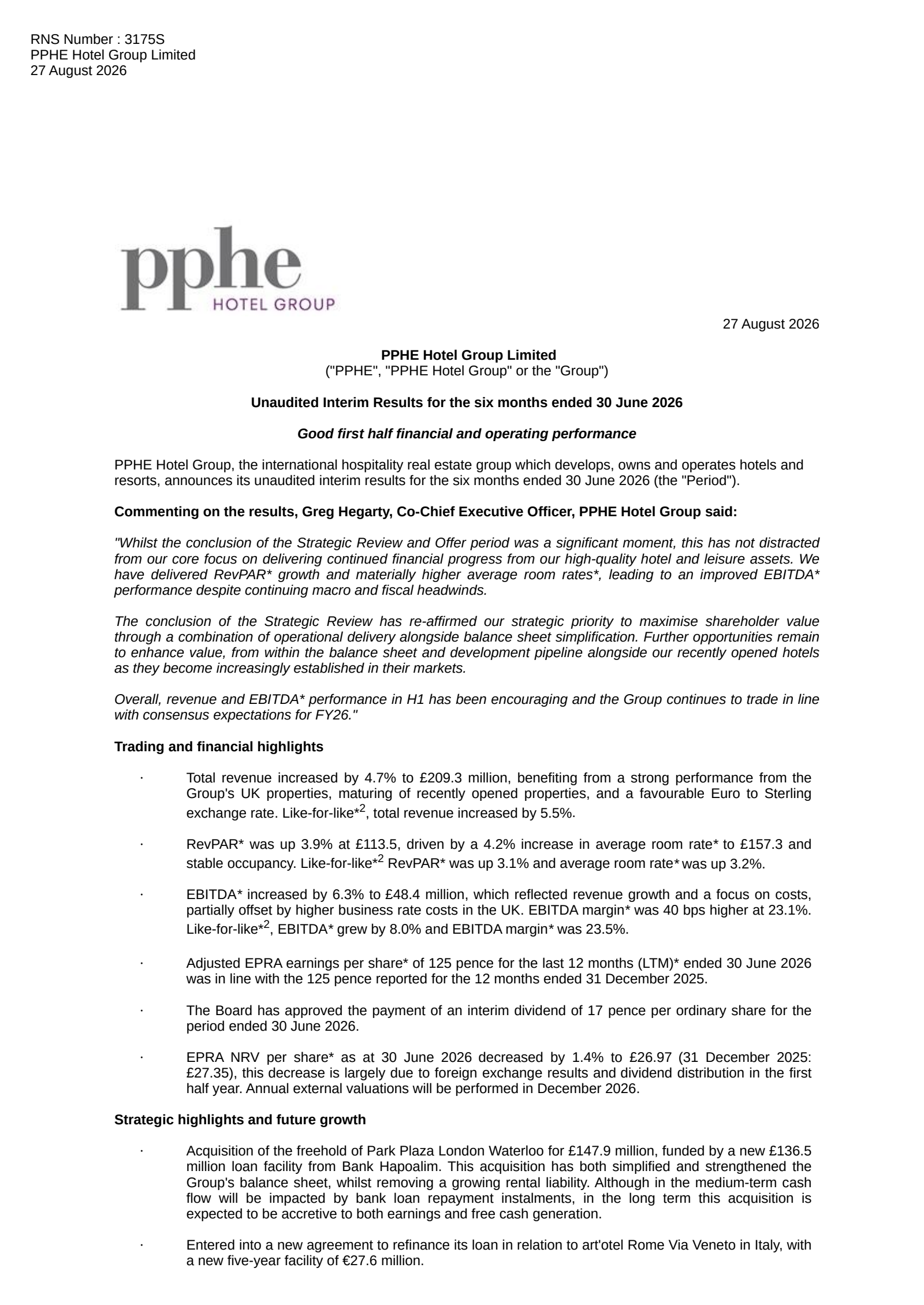 PPHE Hotel Group's H1 2026 Interim report