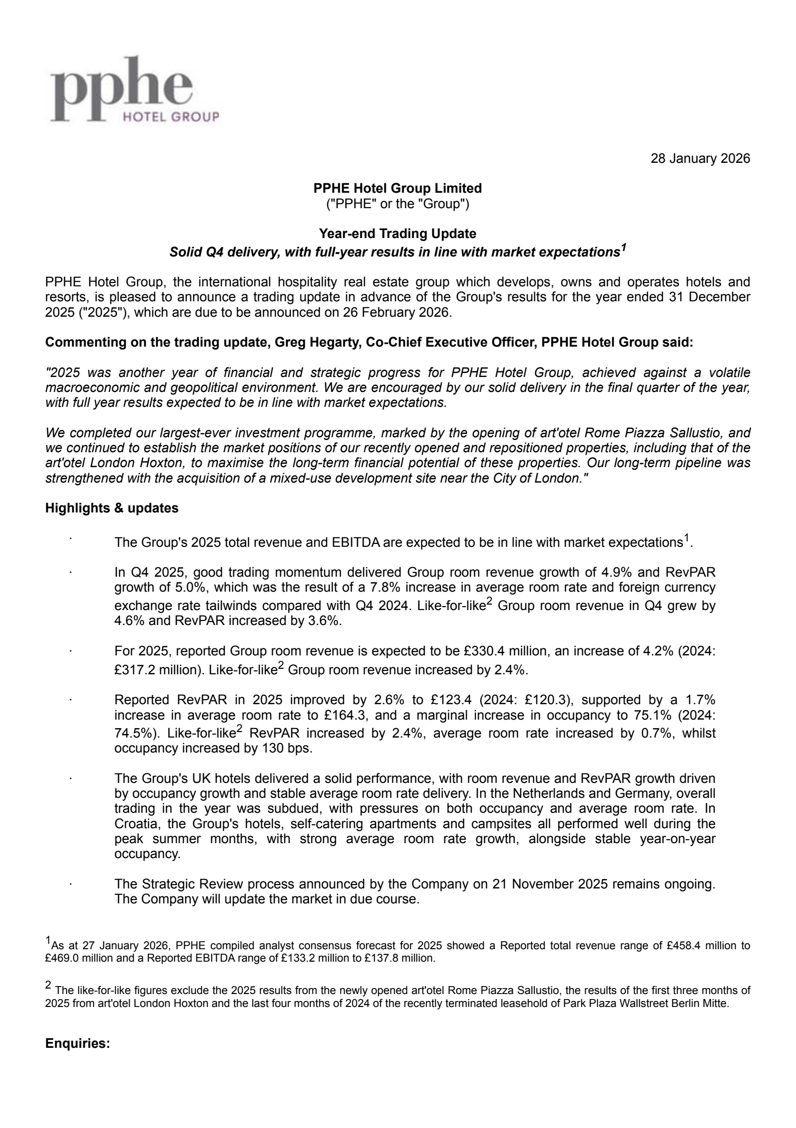 PPHE Hotel Group's Q4 2025 TU Press Release