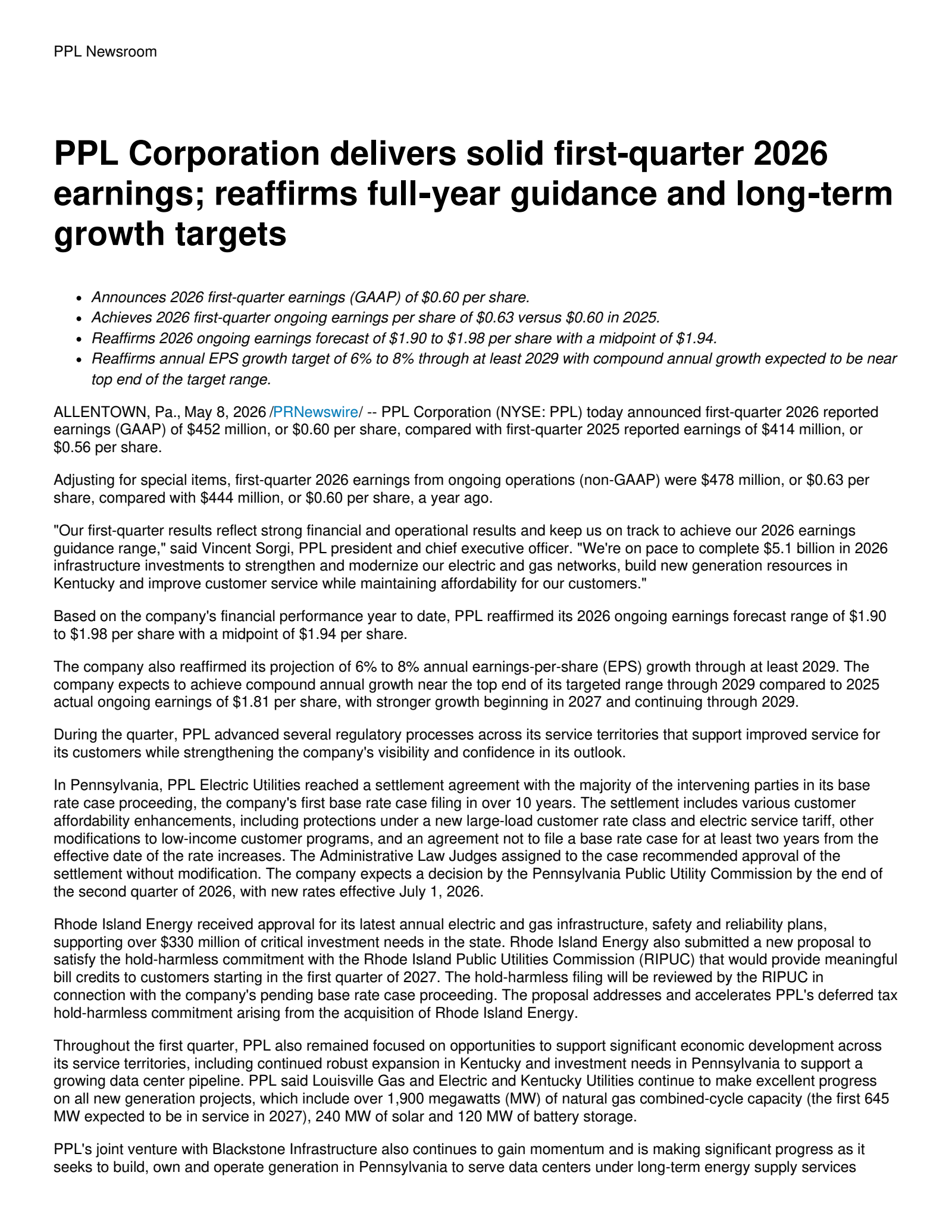 PPL Q1 2026 Earnings Report on 5/8/2026