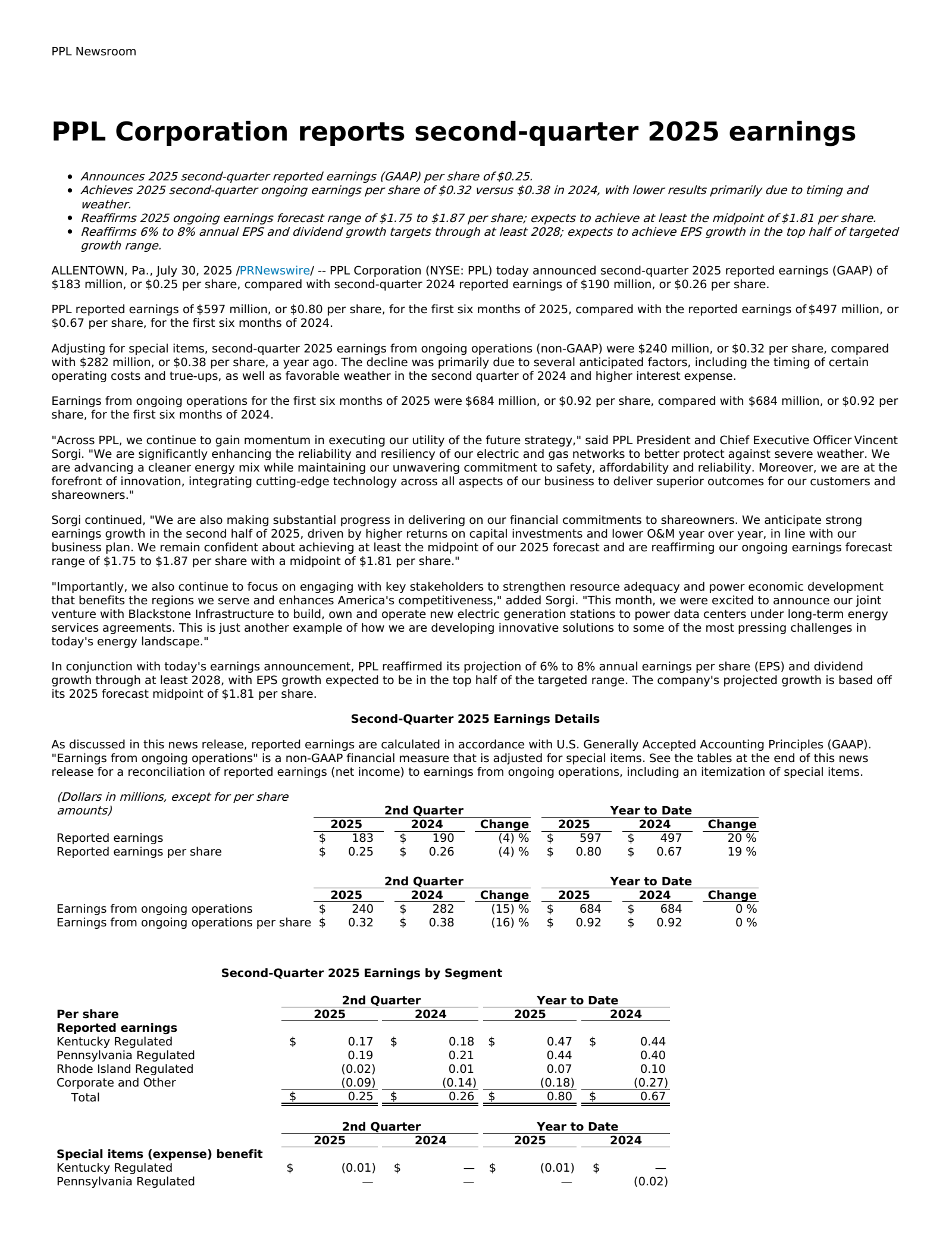 PPL's Q2 2025 Press Release