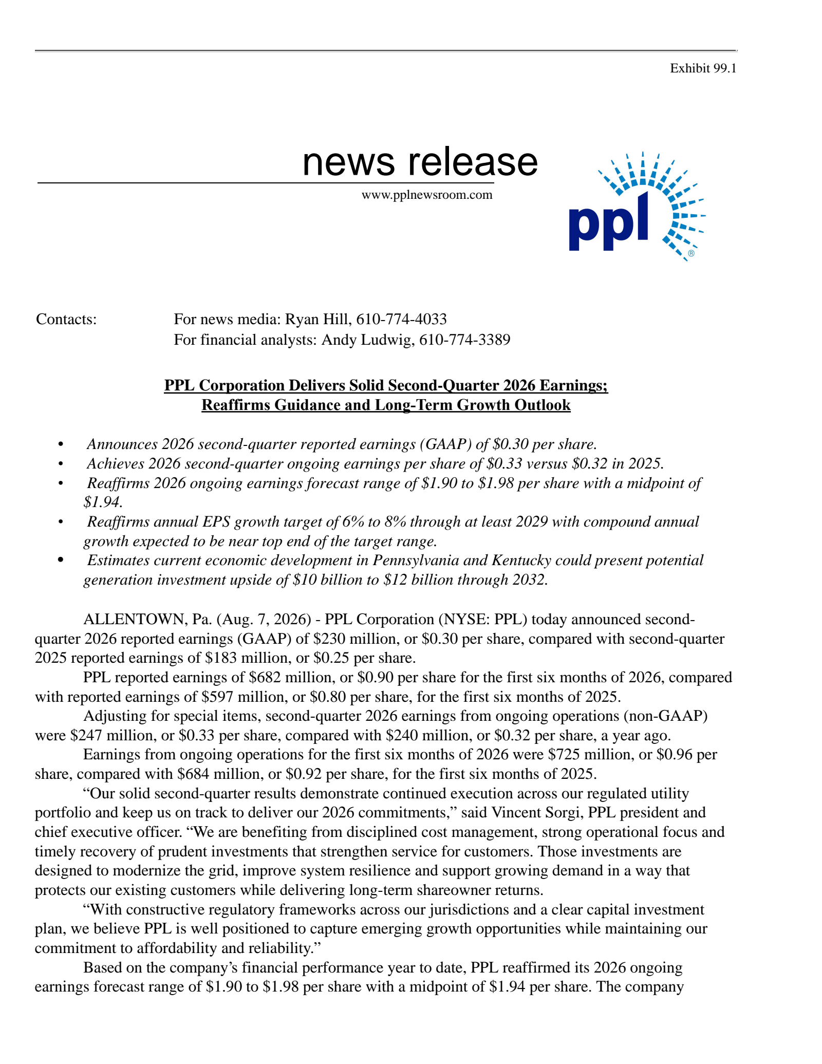 PPL's Q2 2026 Press Release