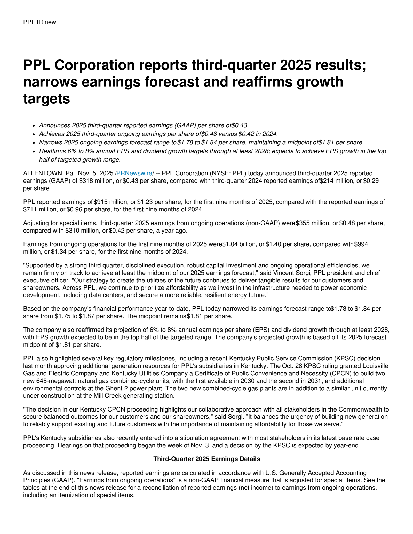 PPL's Q3 2025 Earnings Release