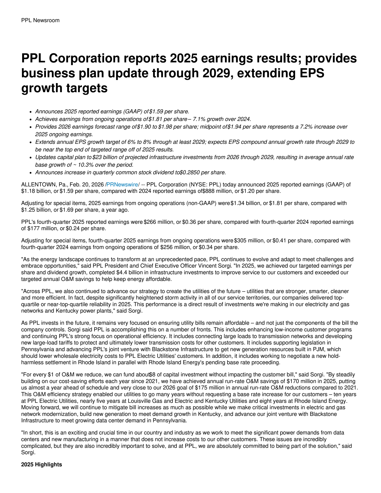 PPL's Q4 2025 Press Release