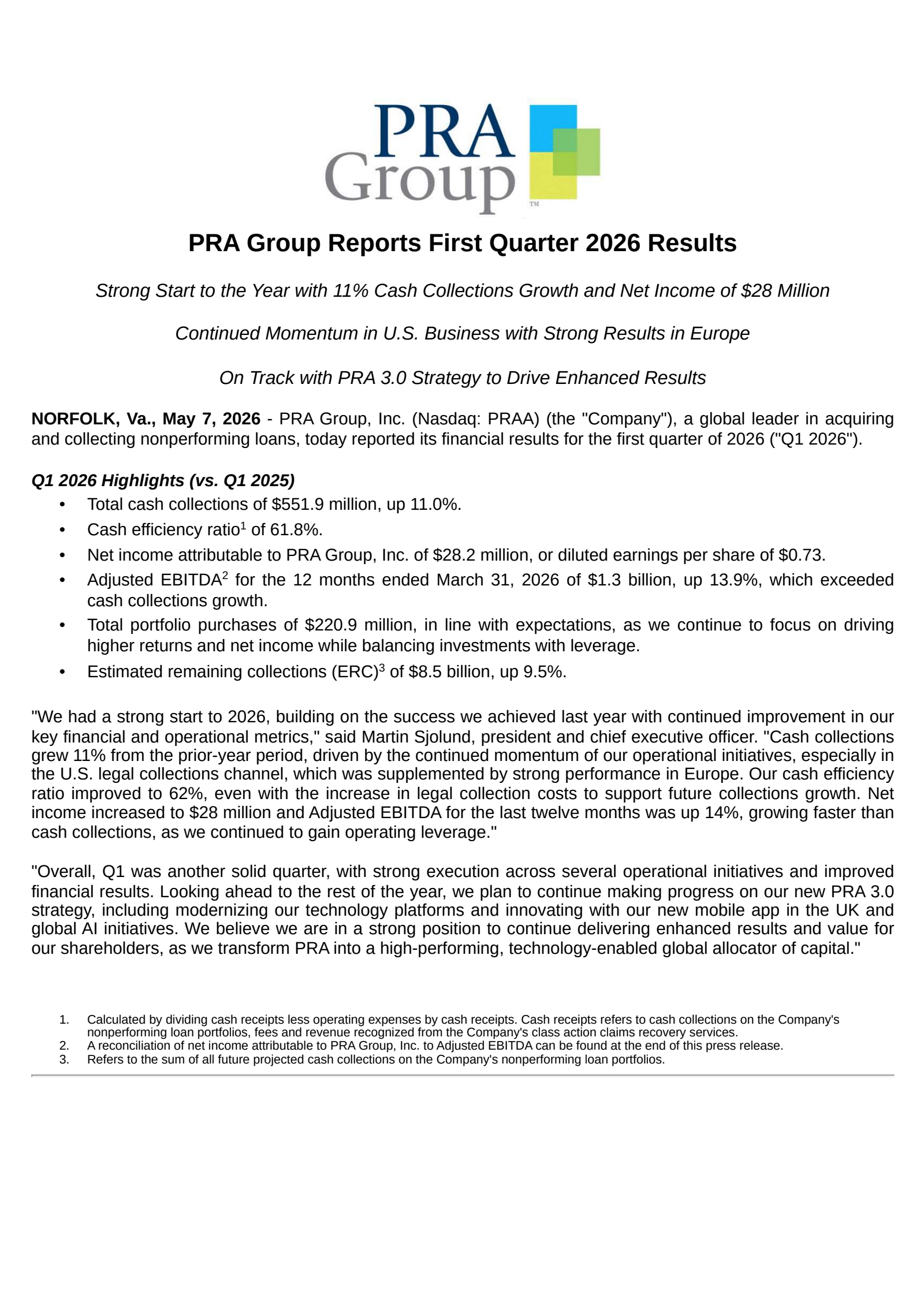 PRA Group's Q1 2026 Press Release