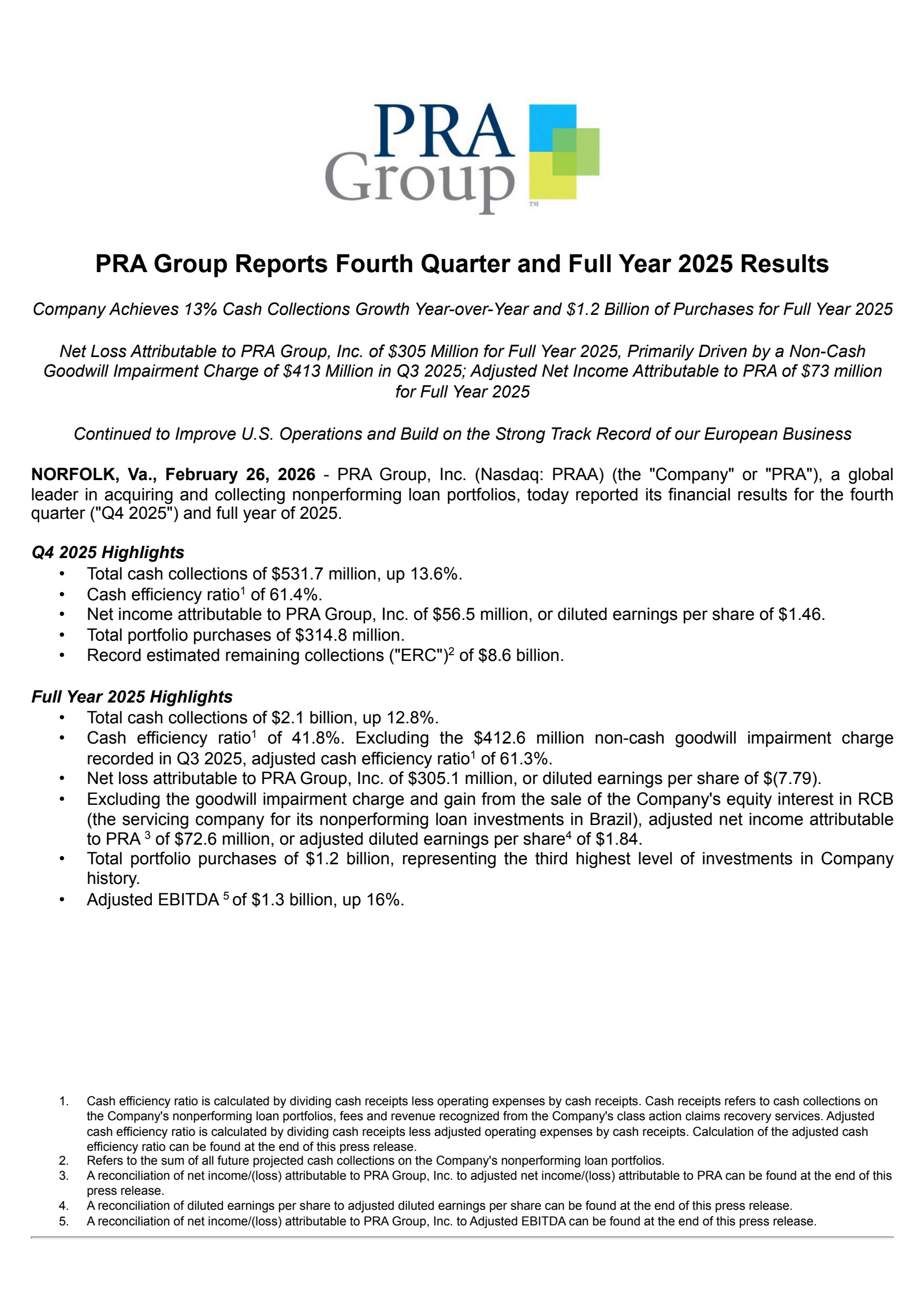 PRA Group's Q4 2025 Press Release