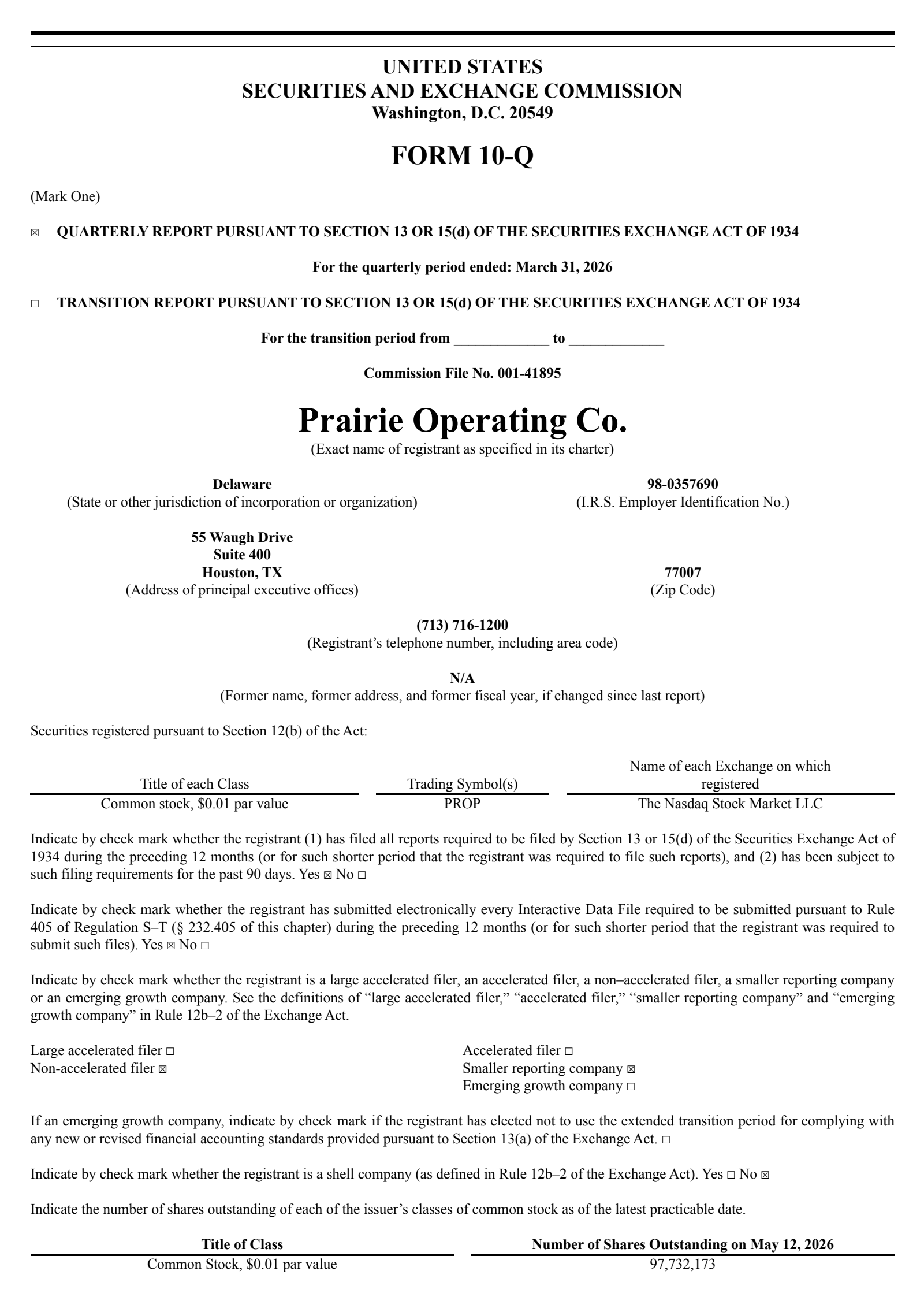 Prairie Operating's Q1 2026 Quarterly report
