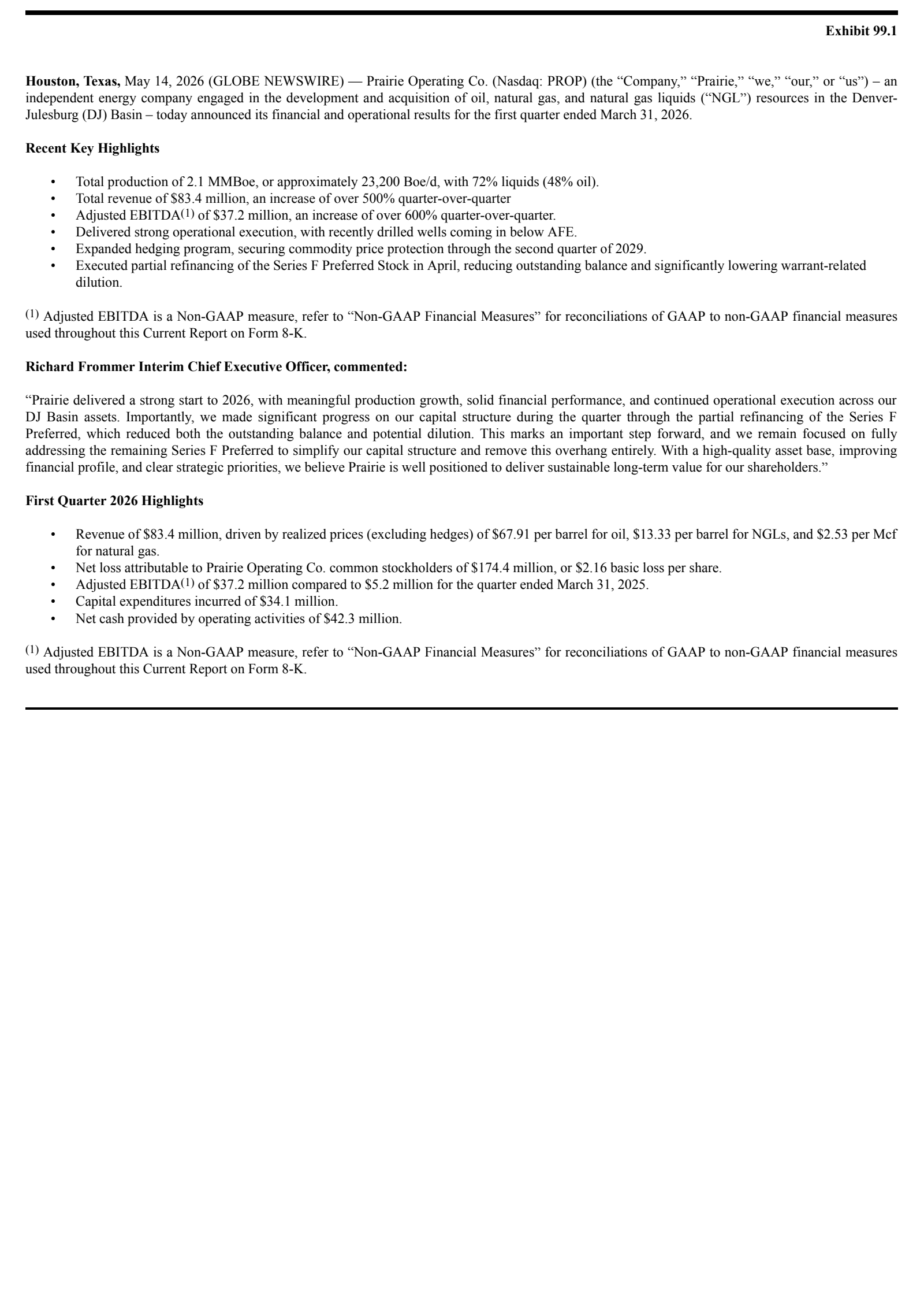 Prairie Operating's Q1 2026 Press Release
