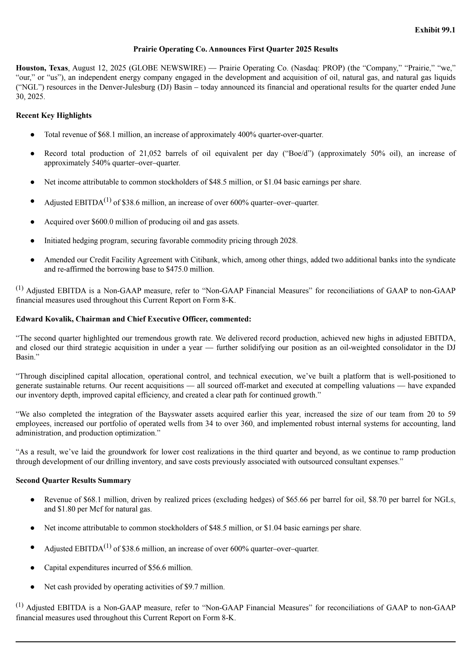 Prairie Operating's Q2 2025 Press Release