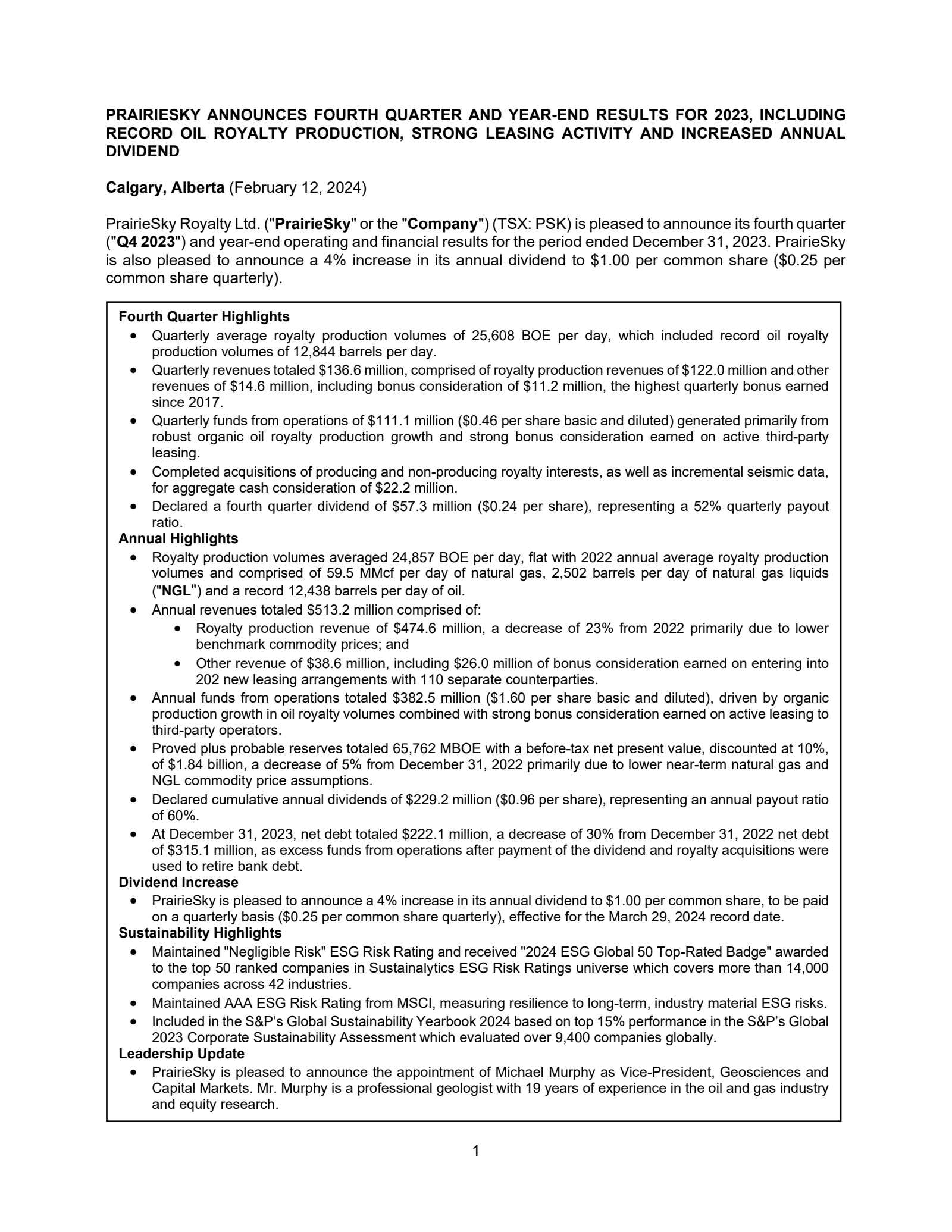 PrairieSky Royalty's Q4 2023 Press Release