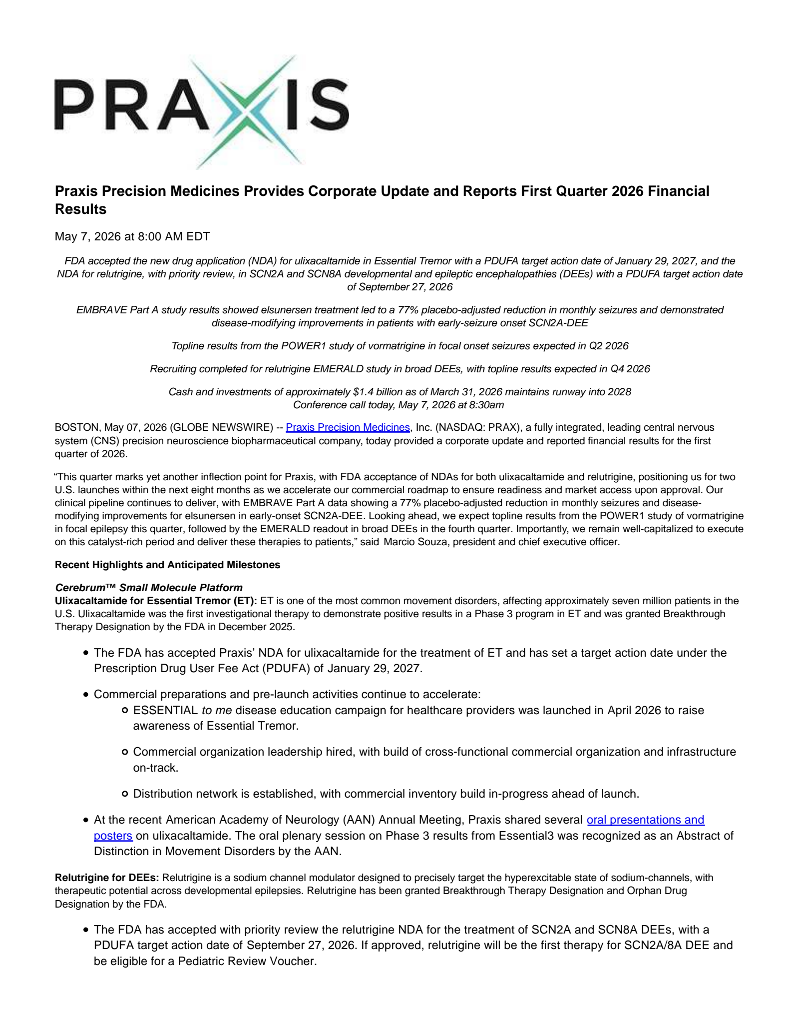 Praxis Precision Medicines' Q1 2026 Press Release