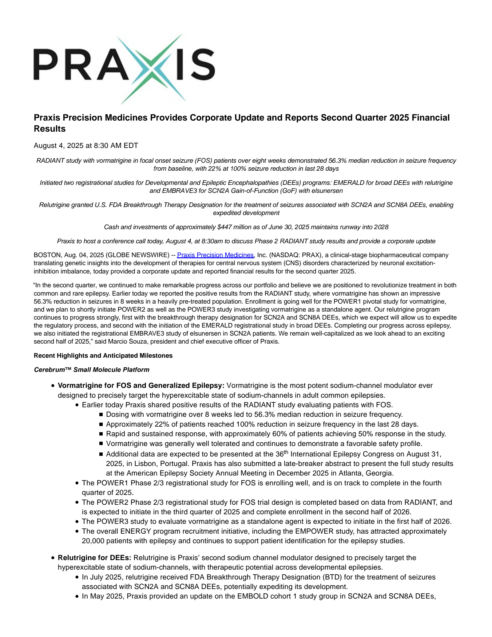 Praxis Precision Medicines' Q2 2025 & Study Result Press Release