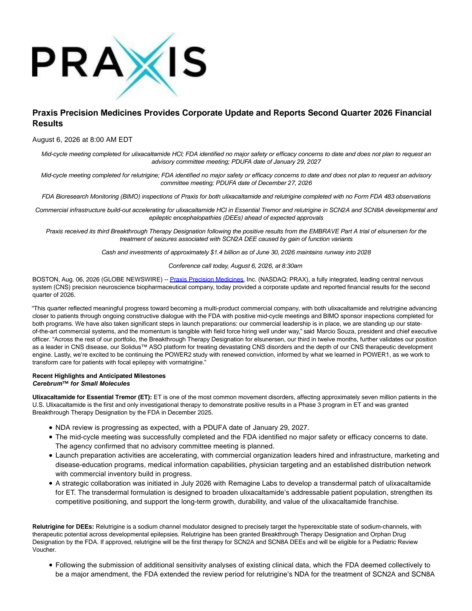 Praxis Precision Medicines' Q2 2026 Press Release