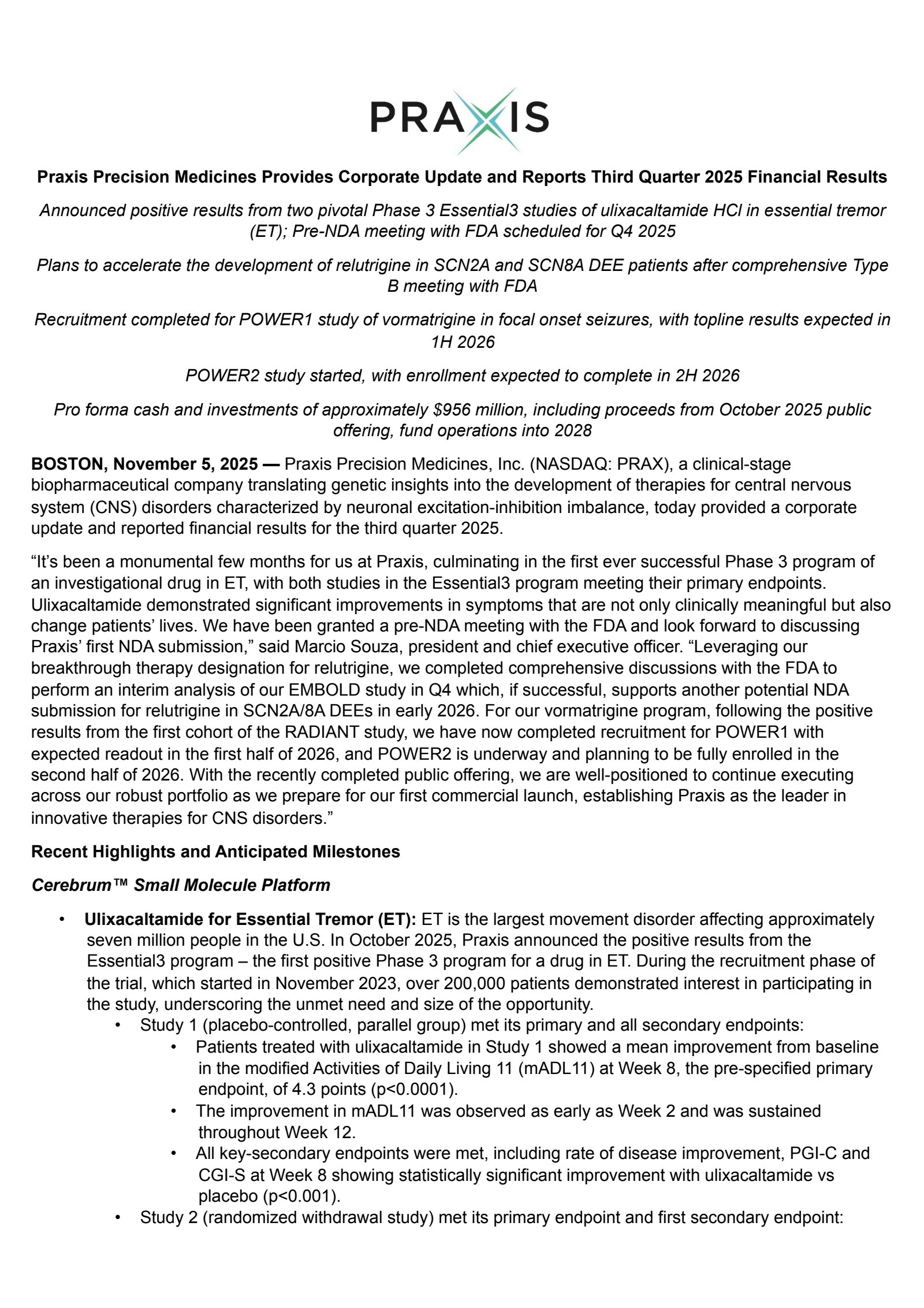 Praxis Precision Medicines' Q3 2025 Earnings Release