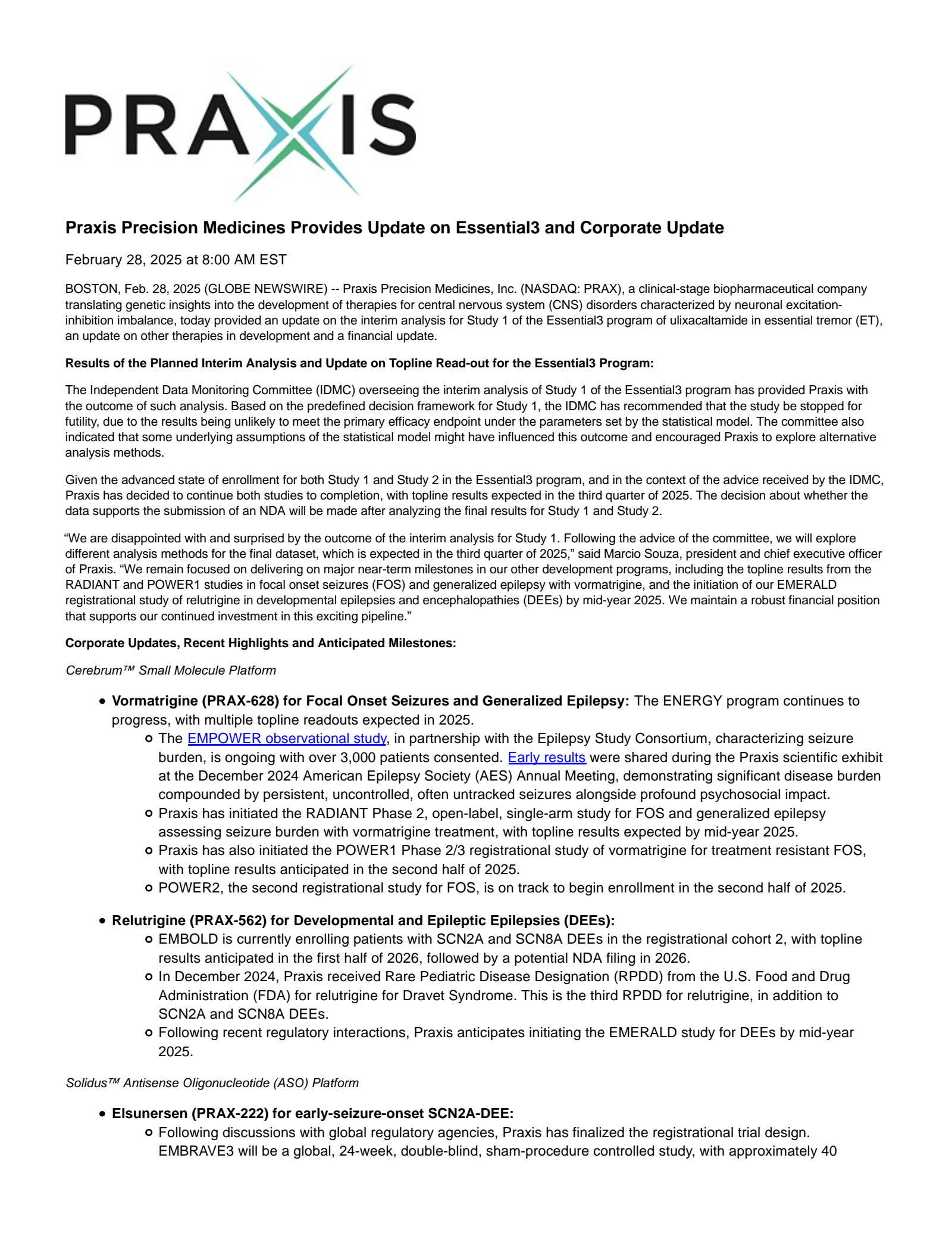 Praxis Precision Medicines' Q4 2024 Press Release