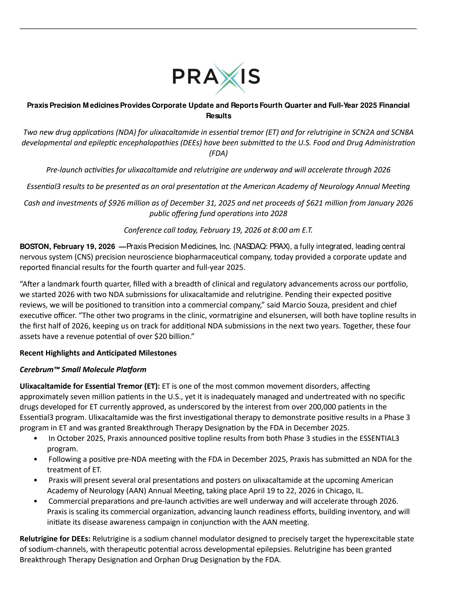 Praxis Precision Medicines' Q4 2025 Press Release