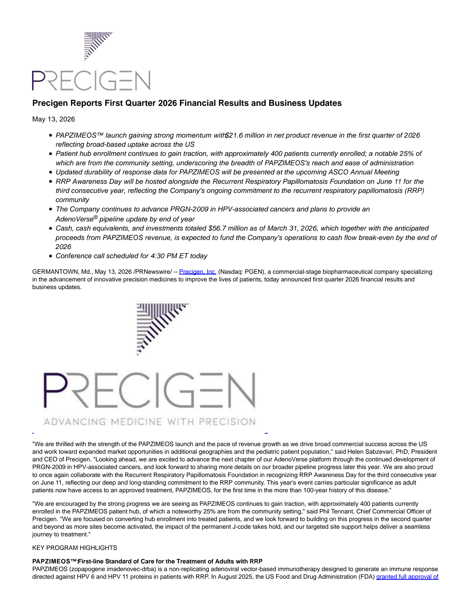 Precigen's Q1 2026 Press Release