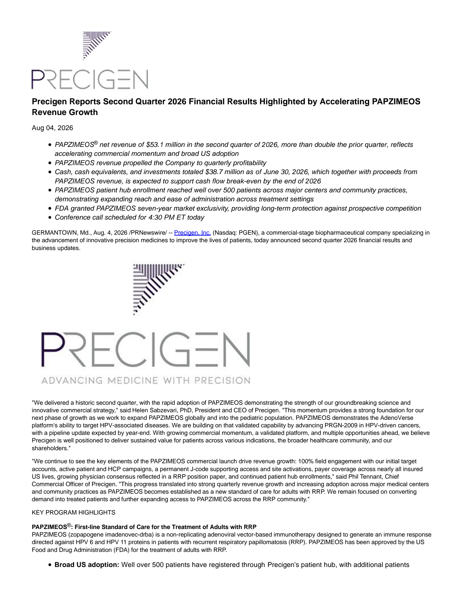 Precigen's Q2 2026 Press Release