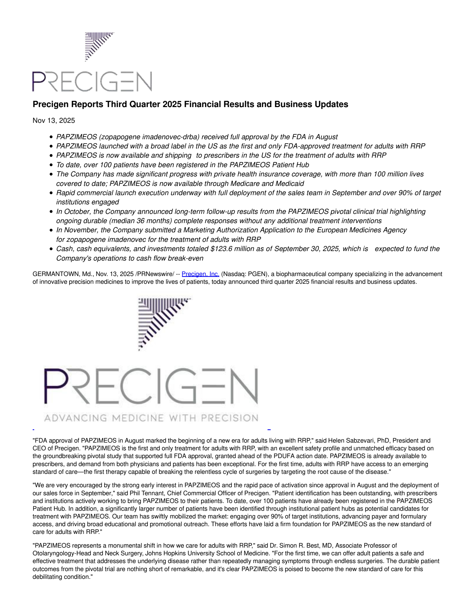 Precigen's Q3 2025 Earnings Release