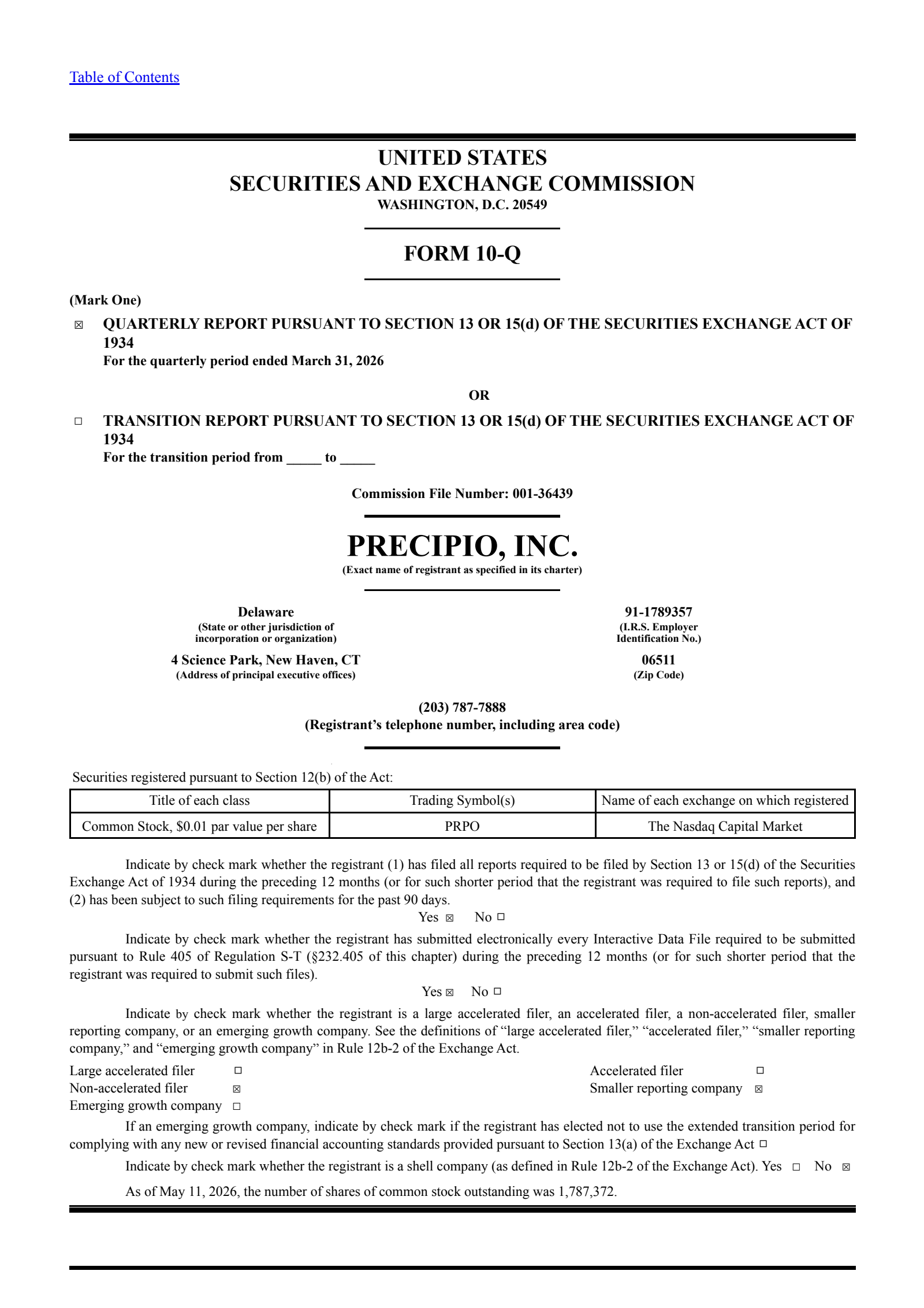 Precipio's Q1 2026 Quarterly report