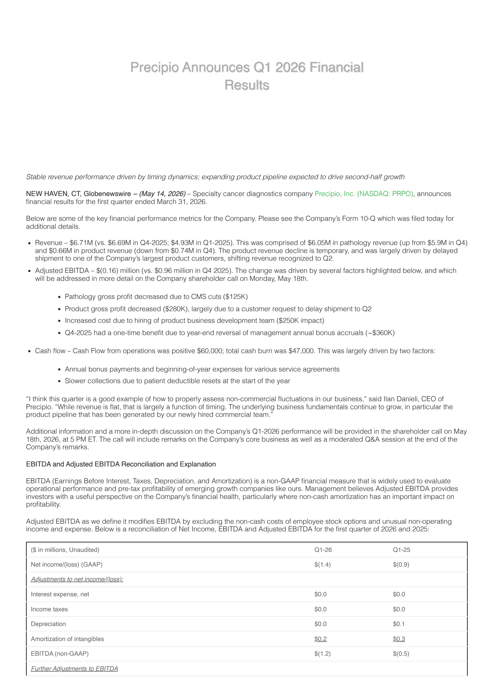 Precipio's Q1 2026 Press Release