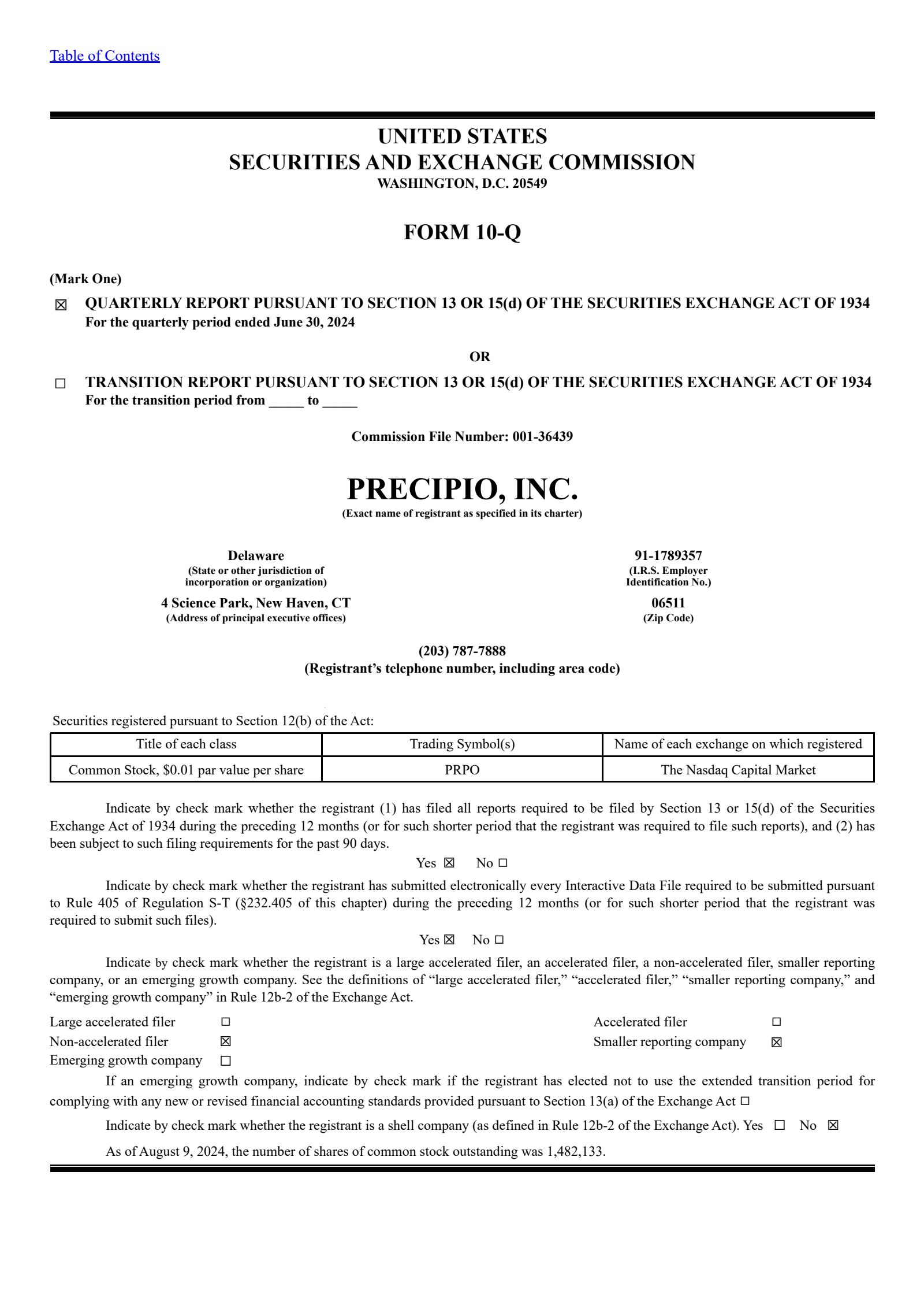 Precipio's Q2 2024 Quarterly report
