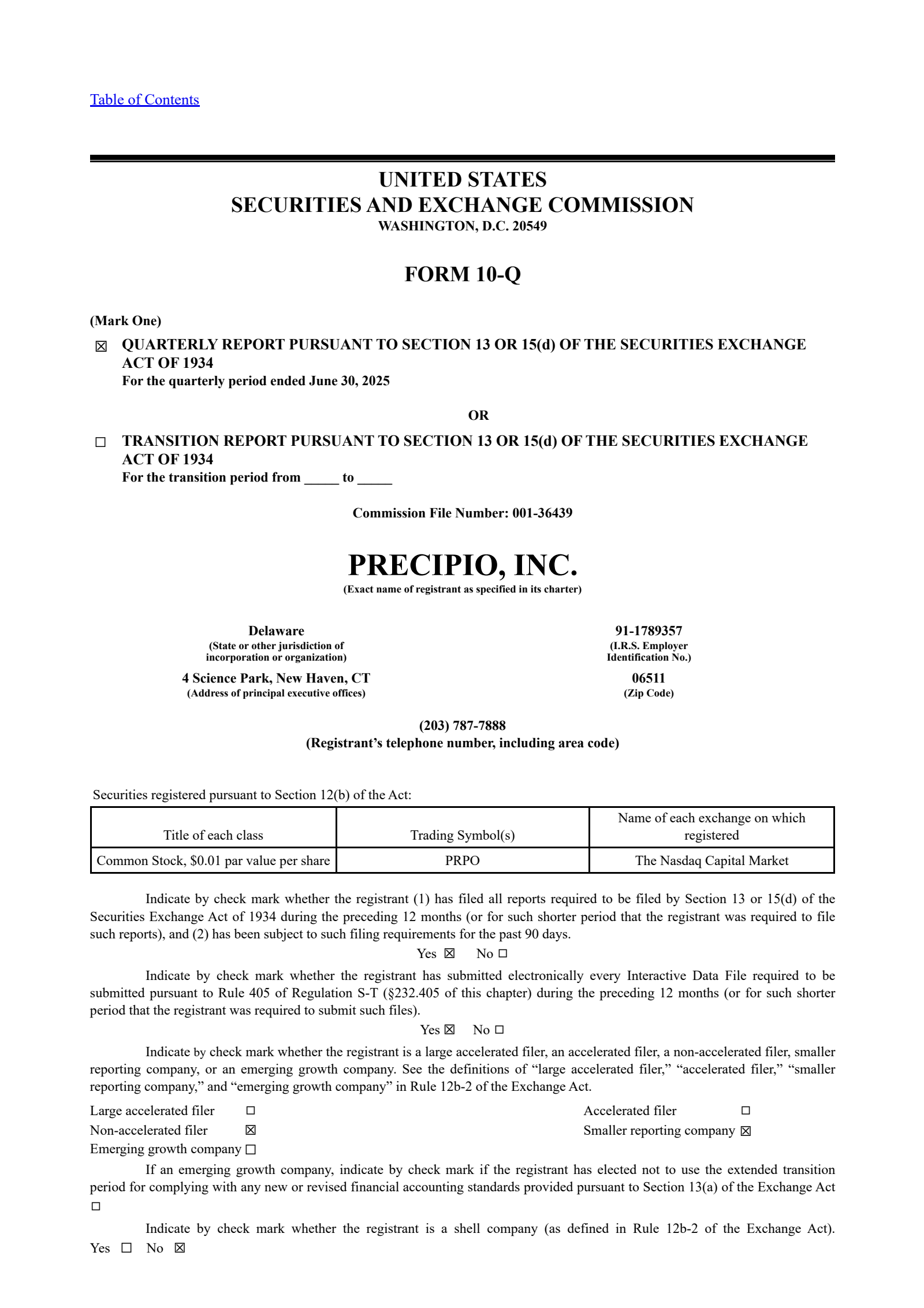 Precipio's Q2 2025 Quarterly report