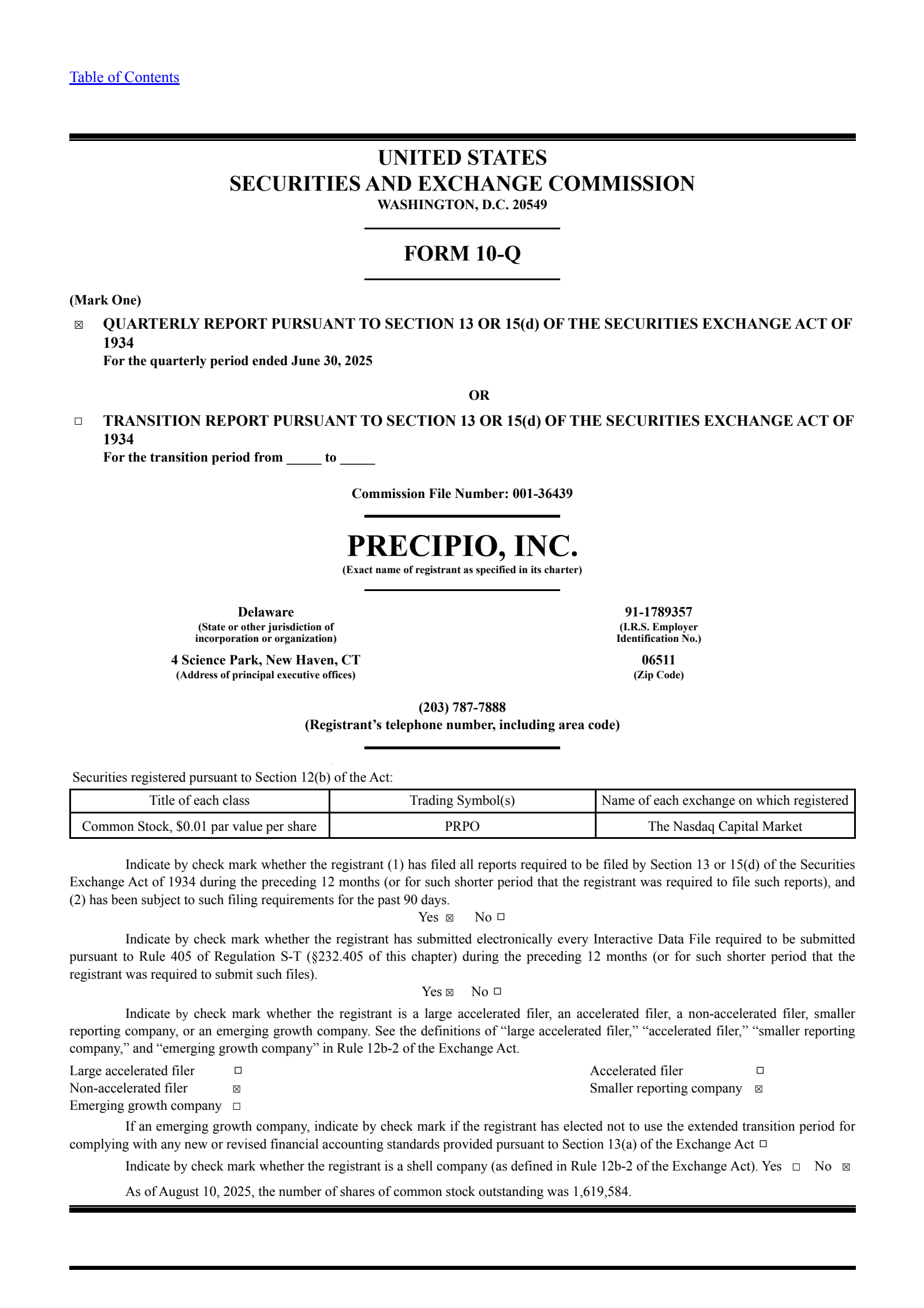 Precipio's Q2 2025 Quarterly report