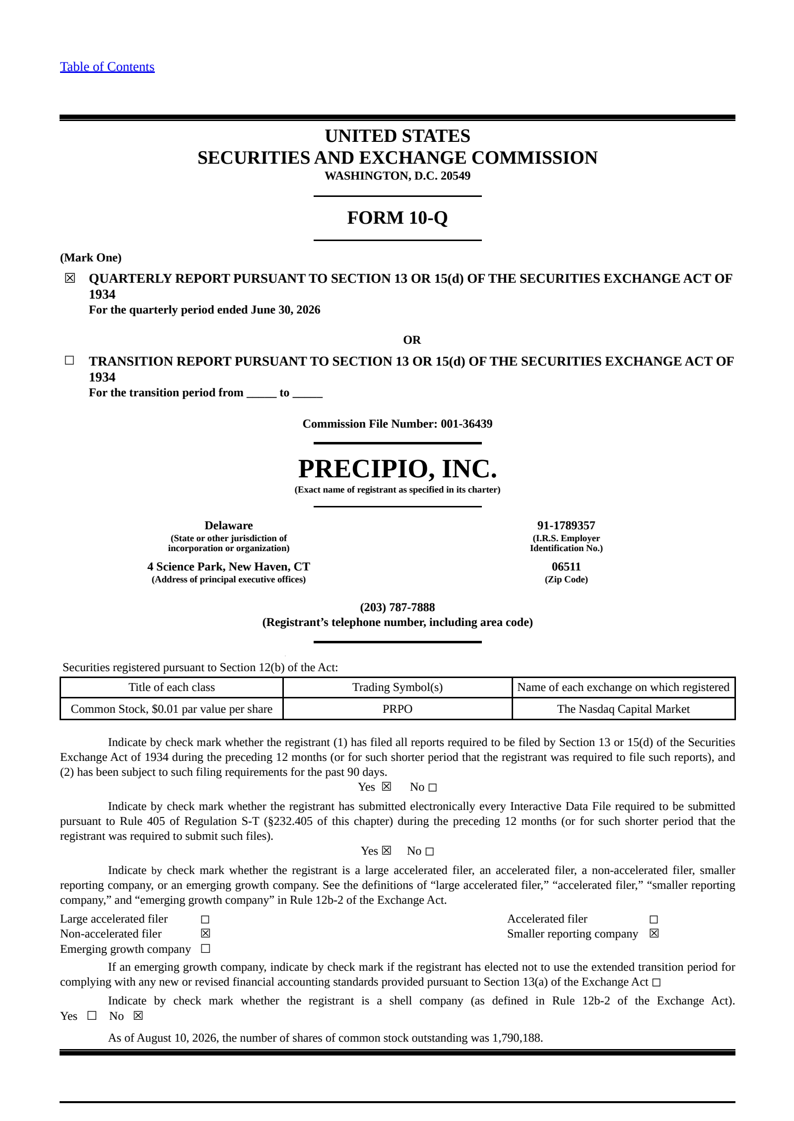 Precipio's Q2 2026 Quarterly report