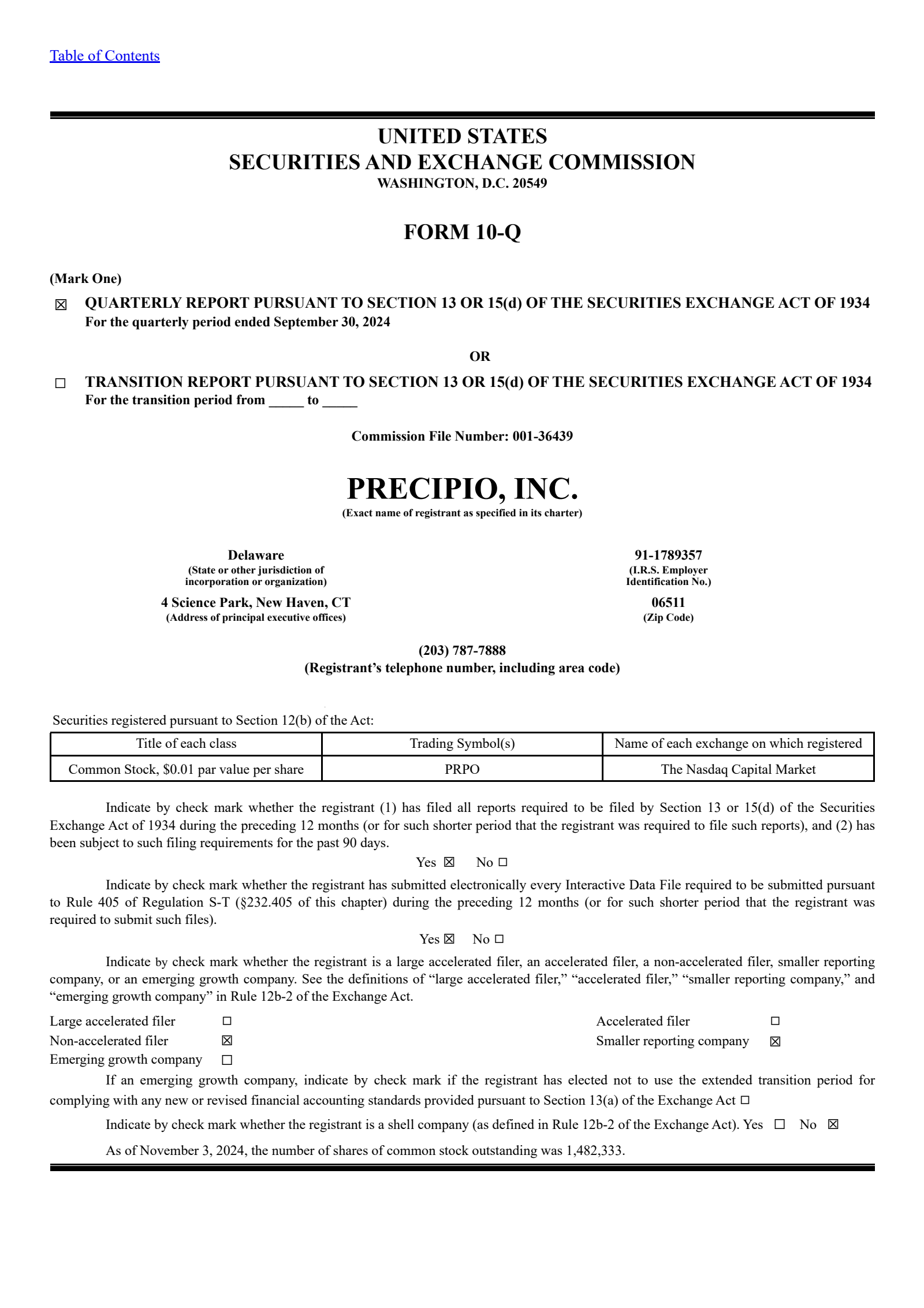 Precipio's Q3 2024 Quarterly report