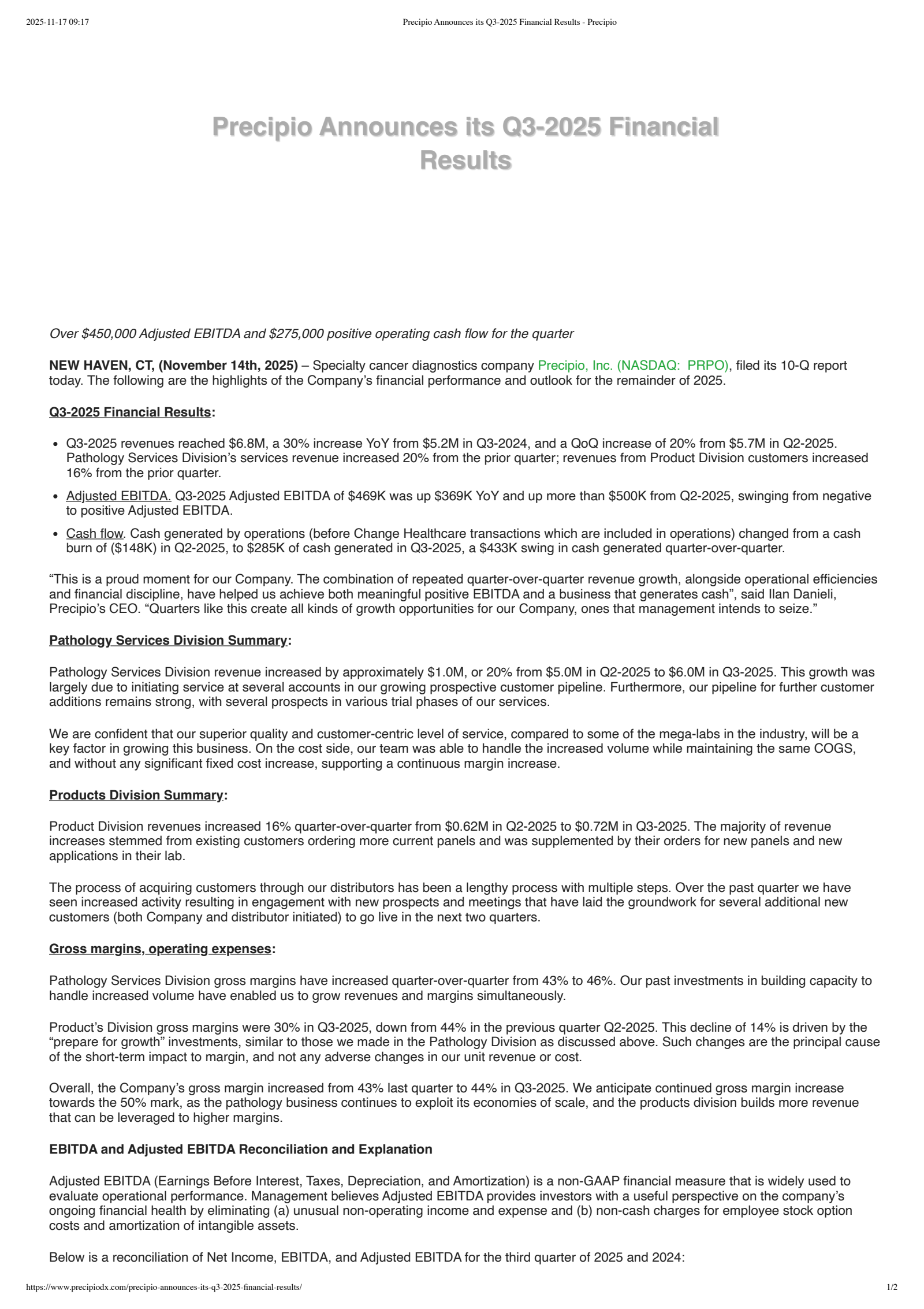 Precipio's Q3 2025 Earnings Release