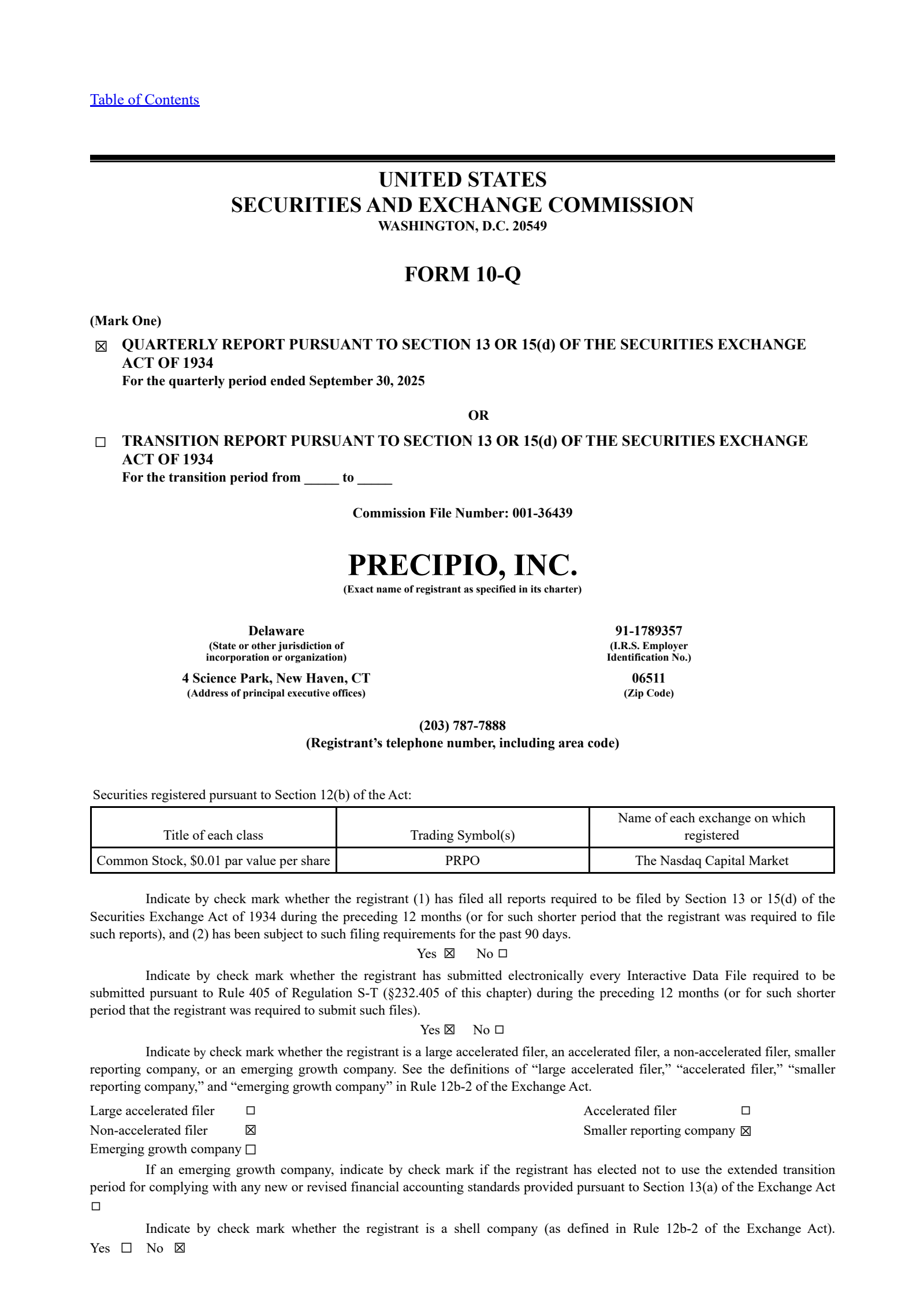 Precipio's Q3 2025 Quarterly report